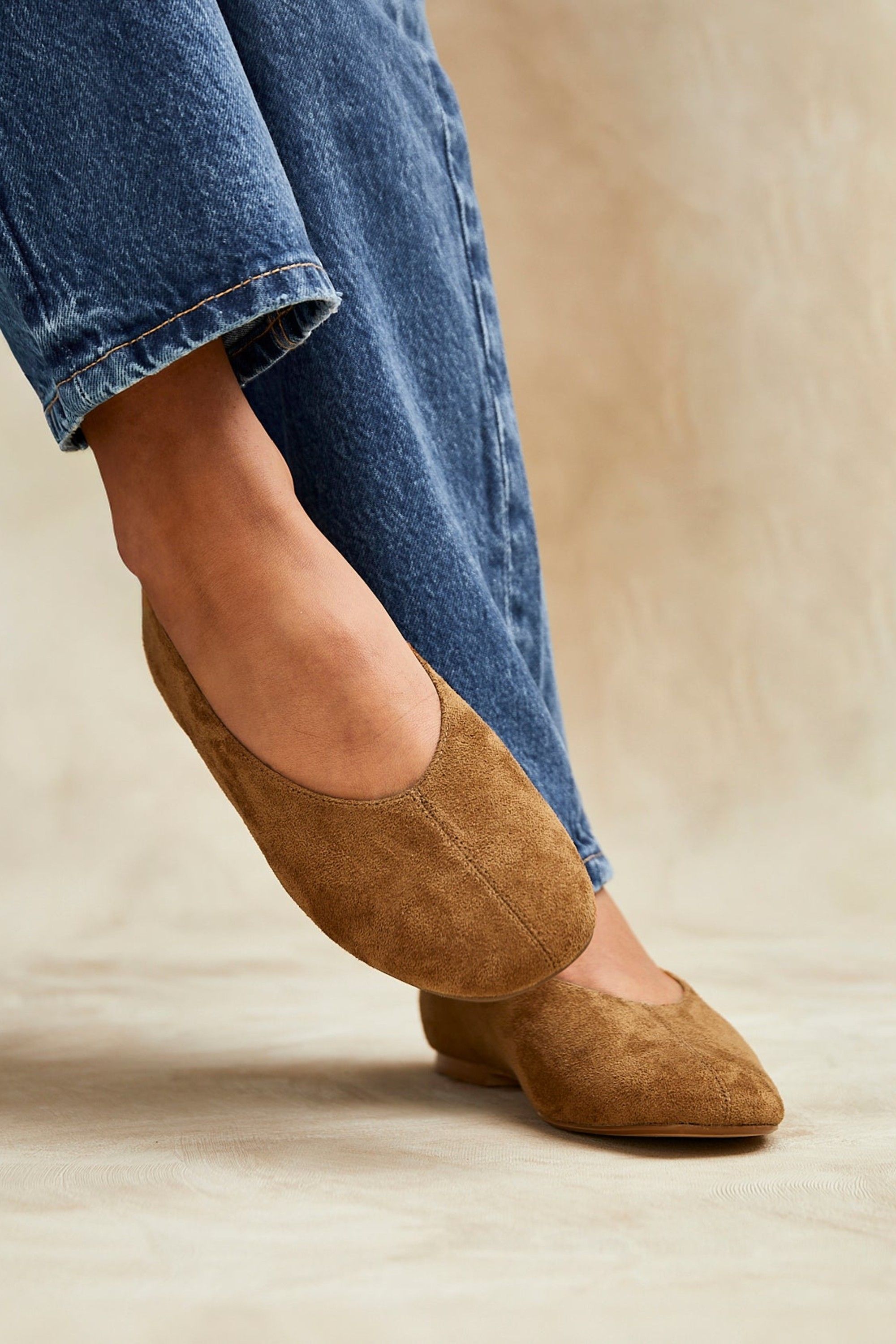 Linzi Structure Tan Faux Suede Square Toe Ballet Flats