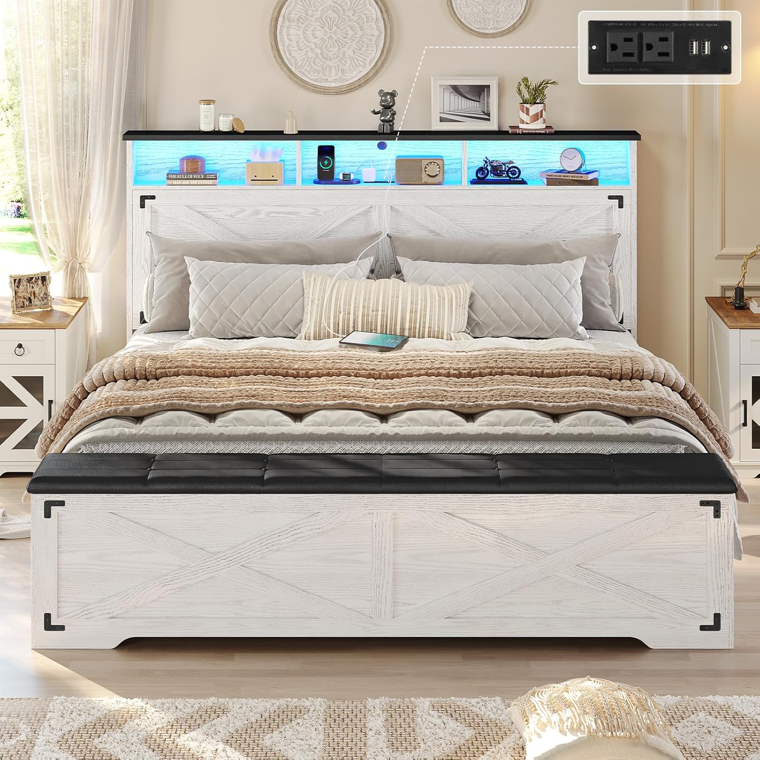 Hasuit Queen Size Bed Frame with Storage Ottoman, Farmhouse Bed Frame with Charging Station and Led Light, Headboard with Storage Rack, Metal Slats, No Noise Design, No Box Spring Needed,Walnut White