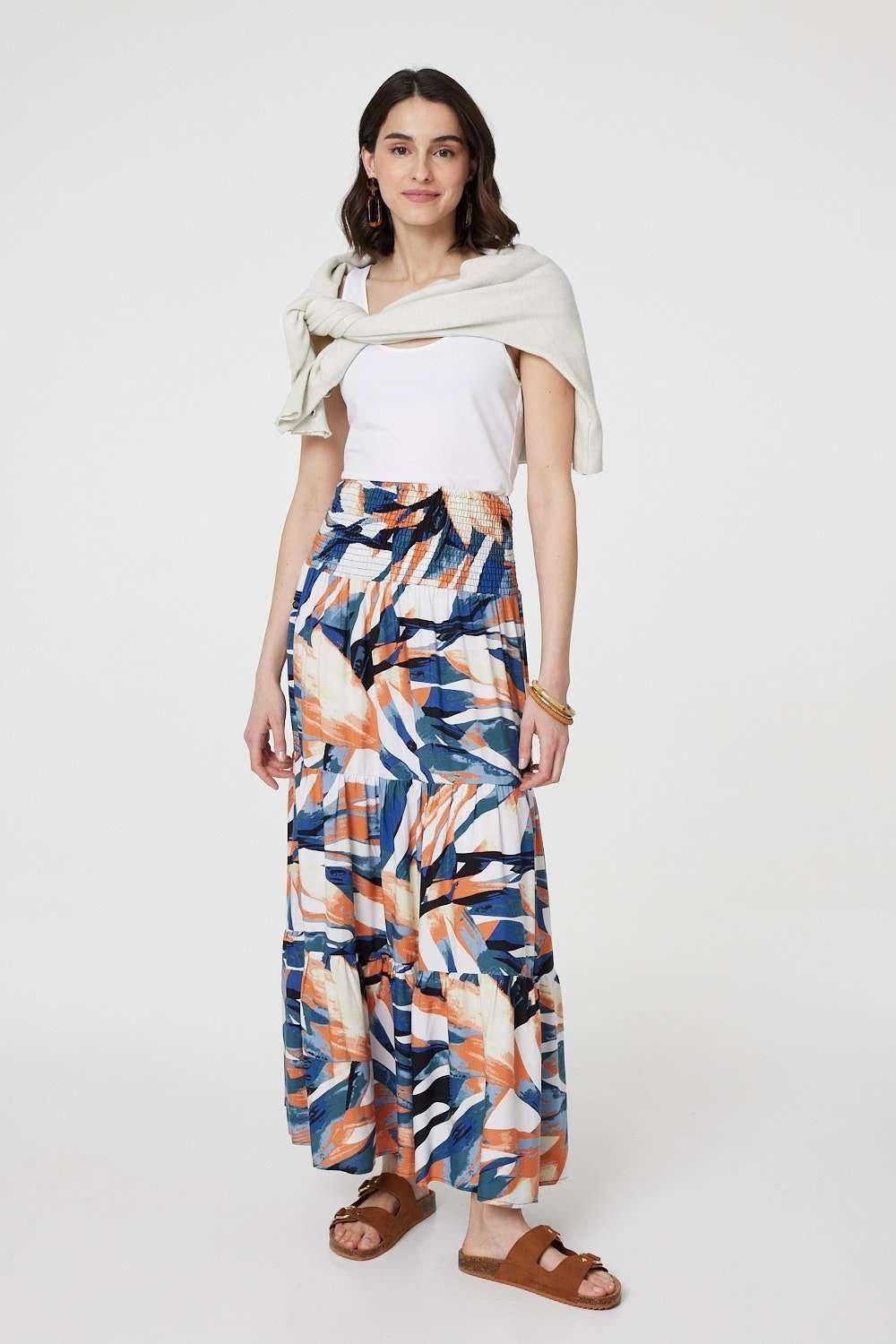 Izabel London Printed Tiered High Waist Maxi Skirt