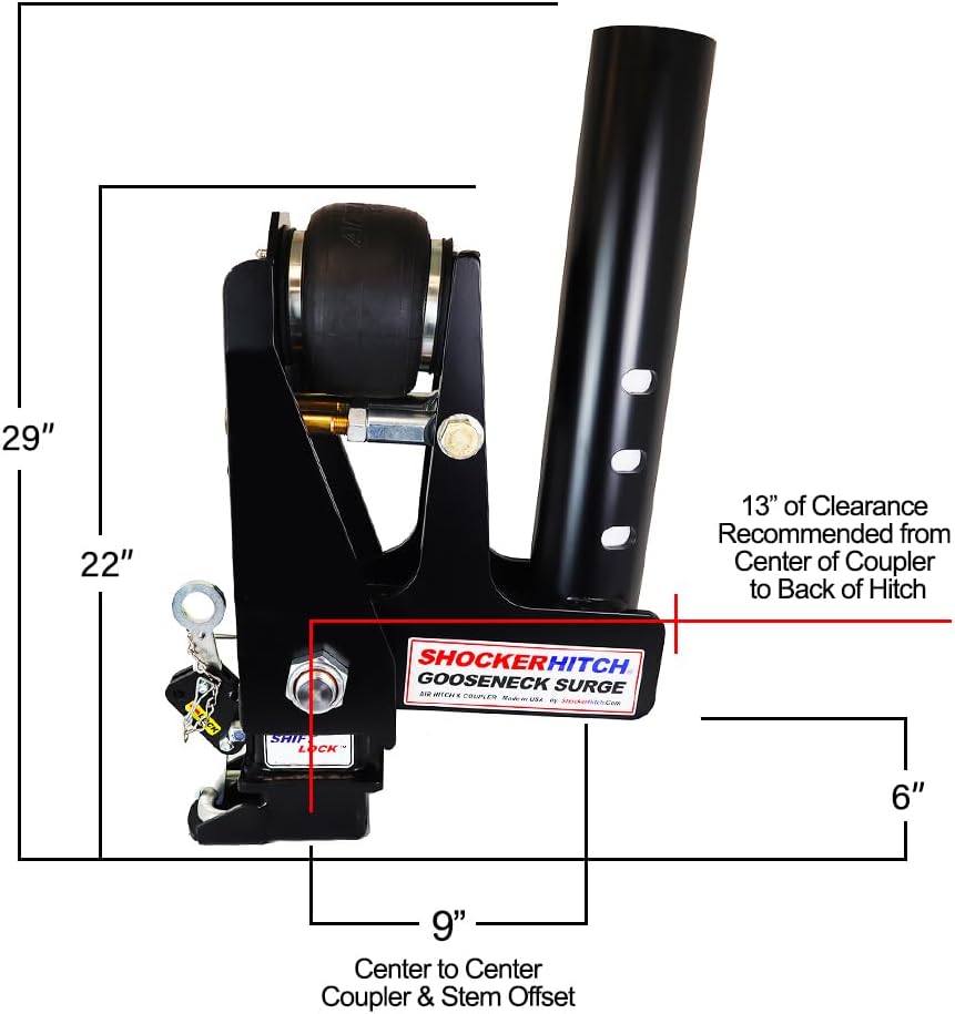 Shocker 30K Gooseneck Air Hitch & 9 Extension Shift Lock Coupler for 2-5/16 Ball, Round 4 Blank (No Pin Hole)