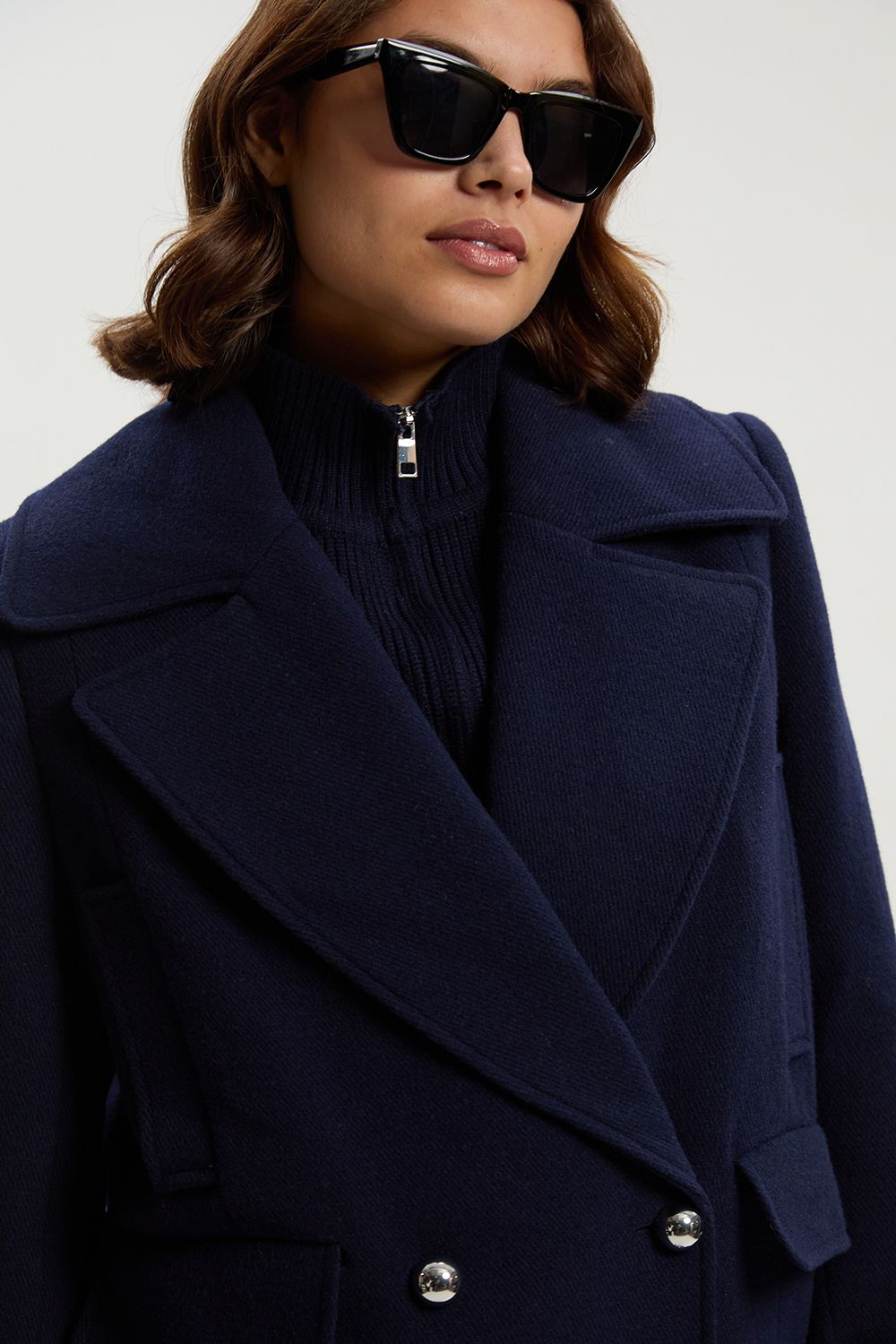 KarenMillen Wool Detachable Knitted Neck Tailored Double Breasted Pea Coat