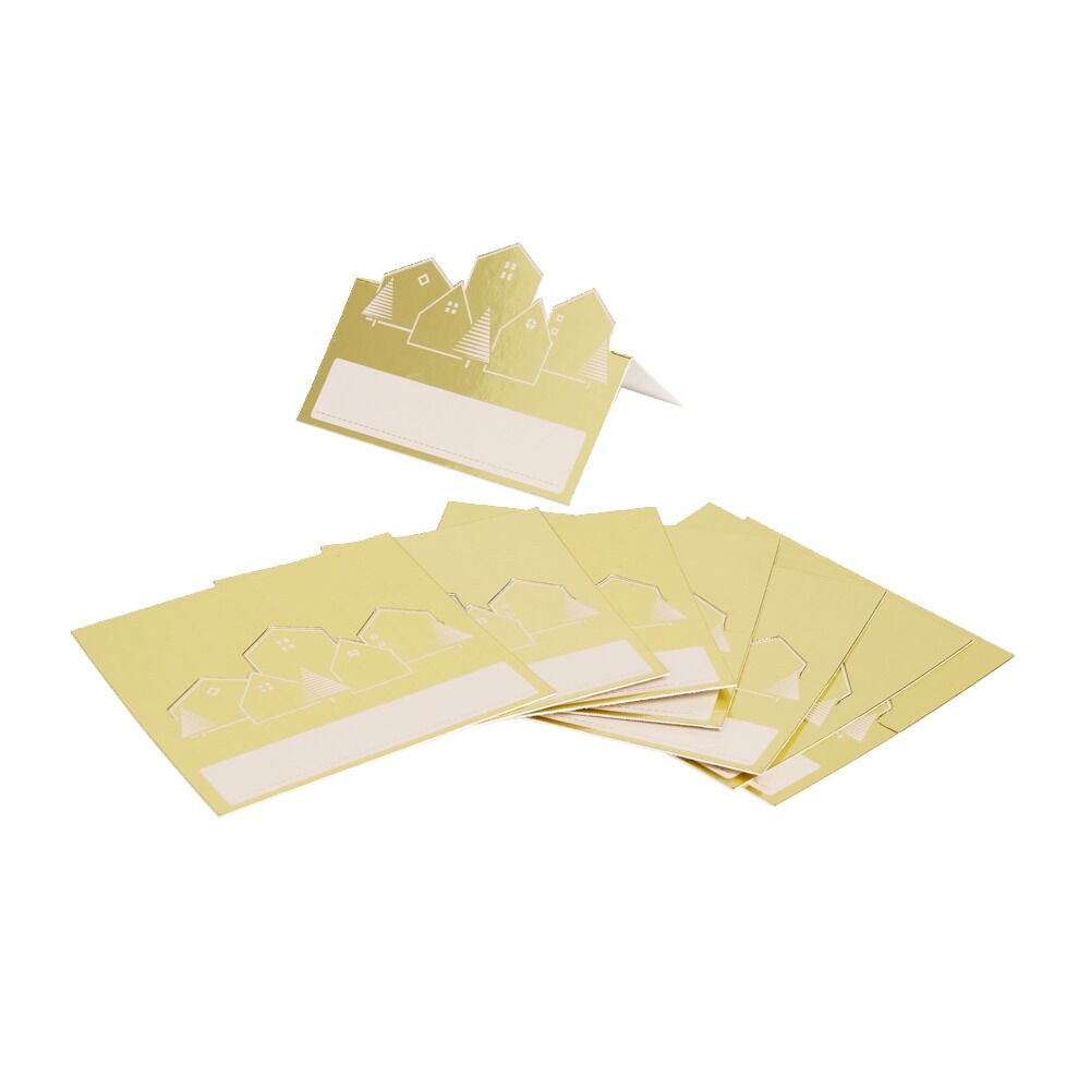 Porte nom No&euml;l en papier doré motifs sapins et maisons 8 pièces
