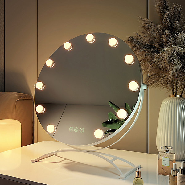 EMKE Miroir rond Hollywood avec lumière variable, dimmable, 58x50 cm, rotatif, 9 lampes LED, fonction mémoire, blanc