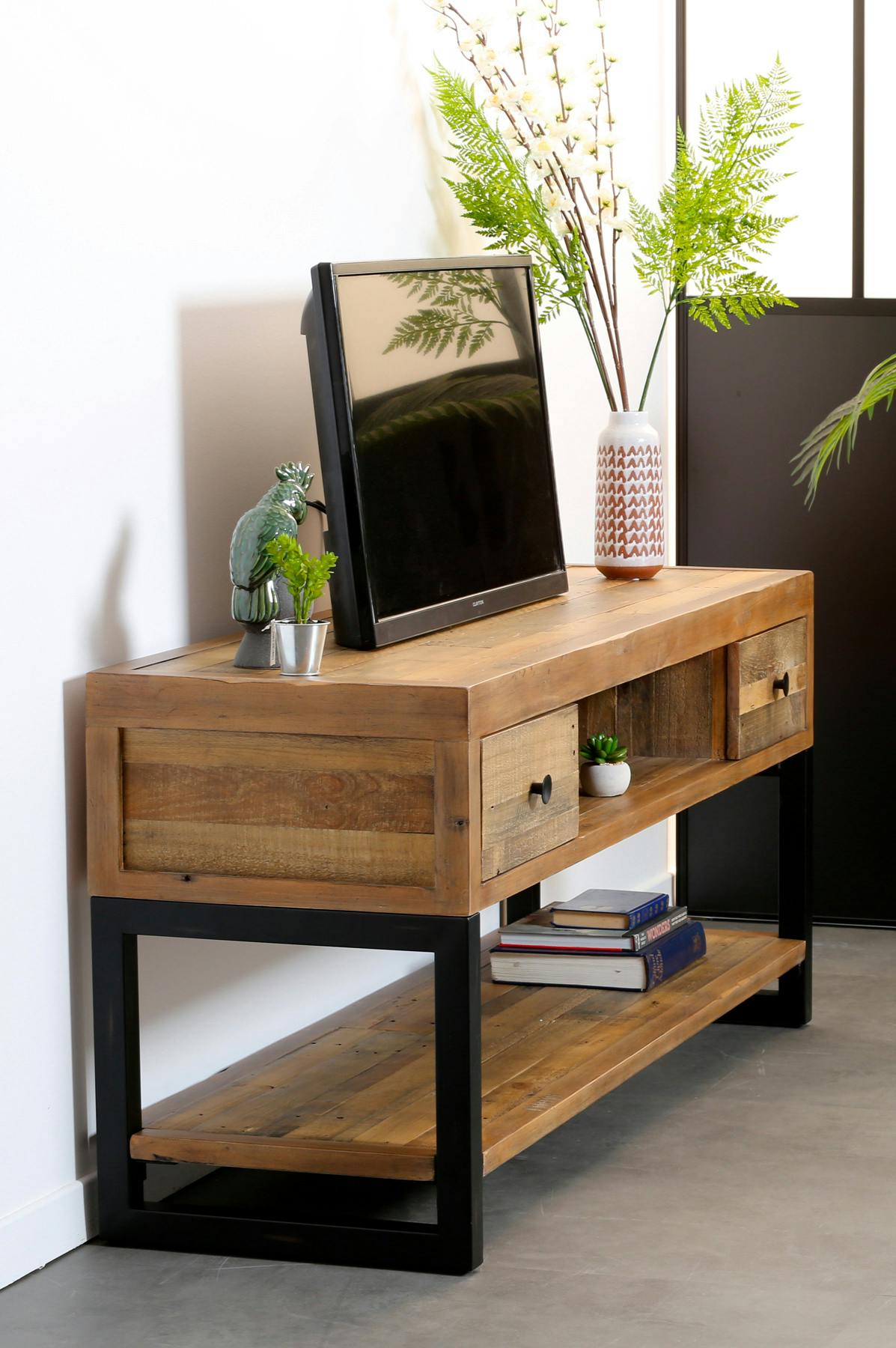 Meuble TV bois recyclé double plateau BRISBANE