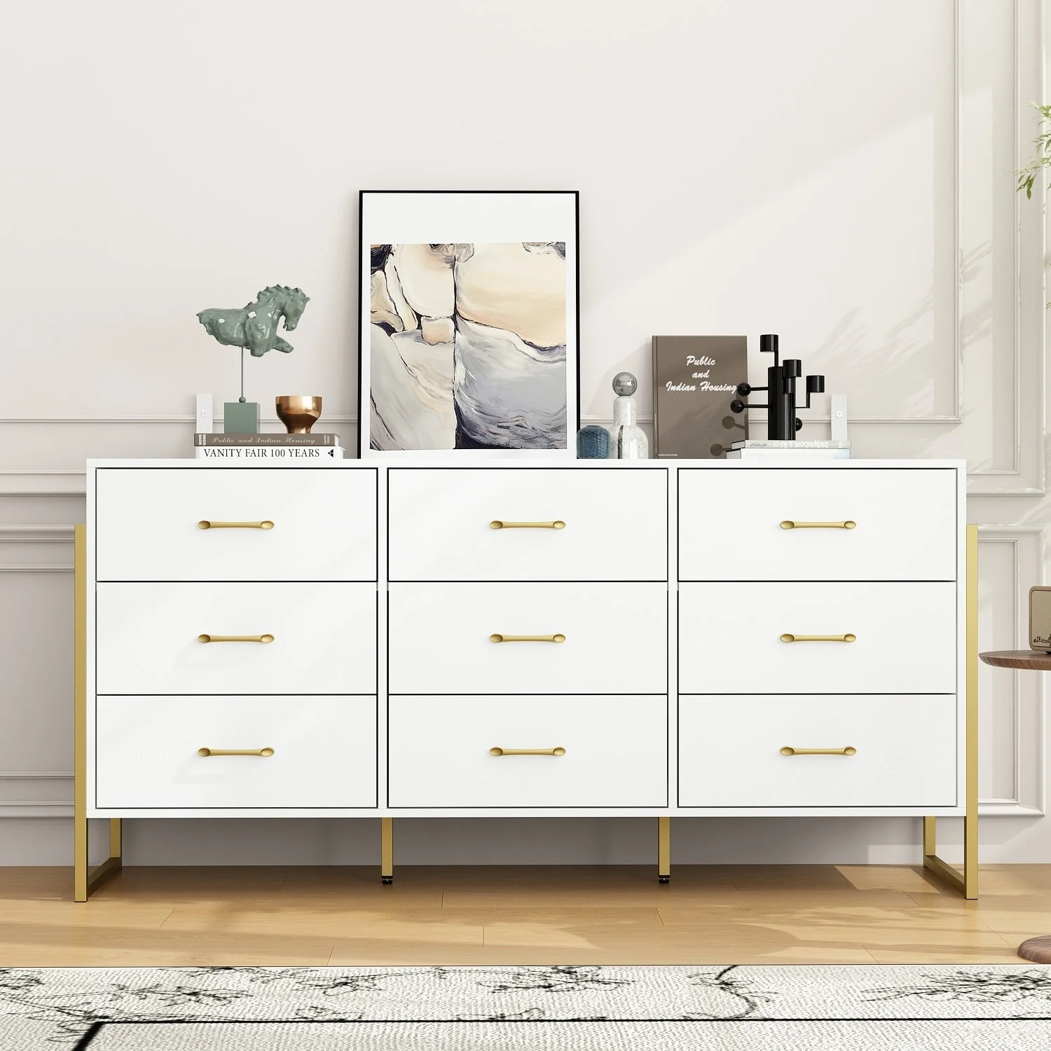 Elegant 9-Drawer Dresser with Gold Accents - Black Stripe Finish Chest