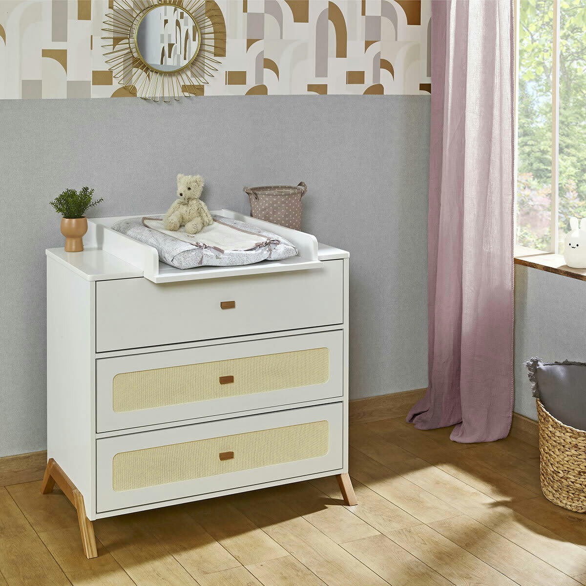 AZU - Commode à langer 3 tiroirs effet bois blanc et bois