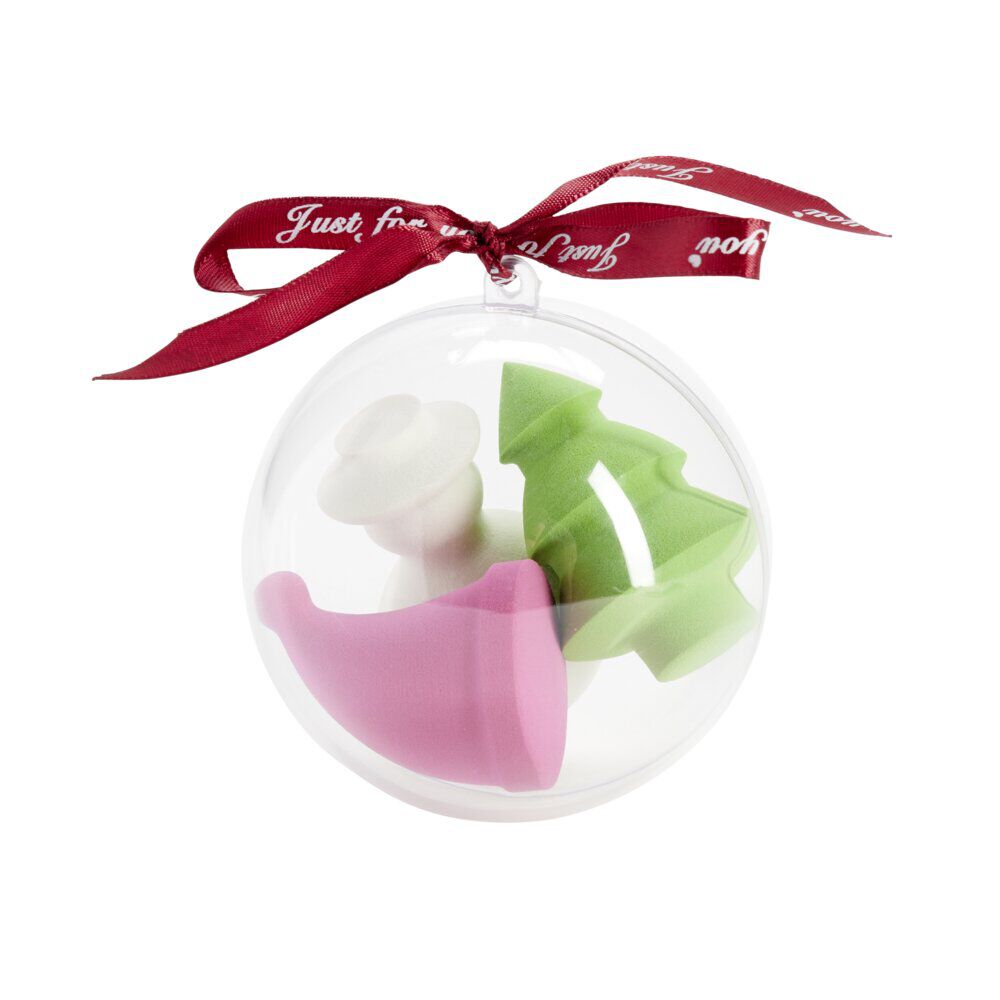 éponge cosmétique dans boule de No&euml;l transparente H9cm (2 modèles)