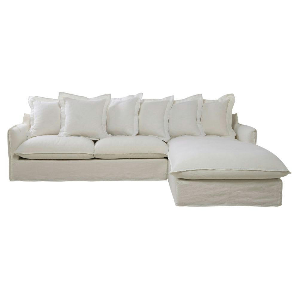 Barcelone - Canapé d'angle droit convertible 6 places en lin lavé blanc