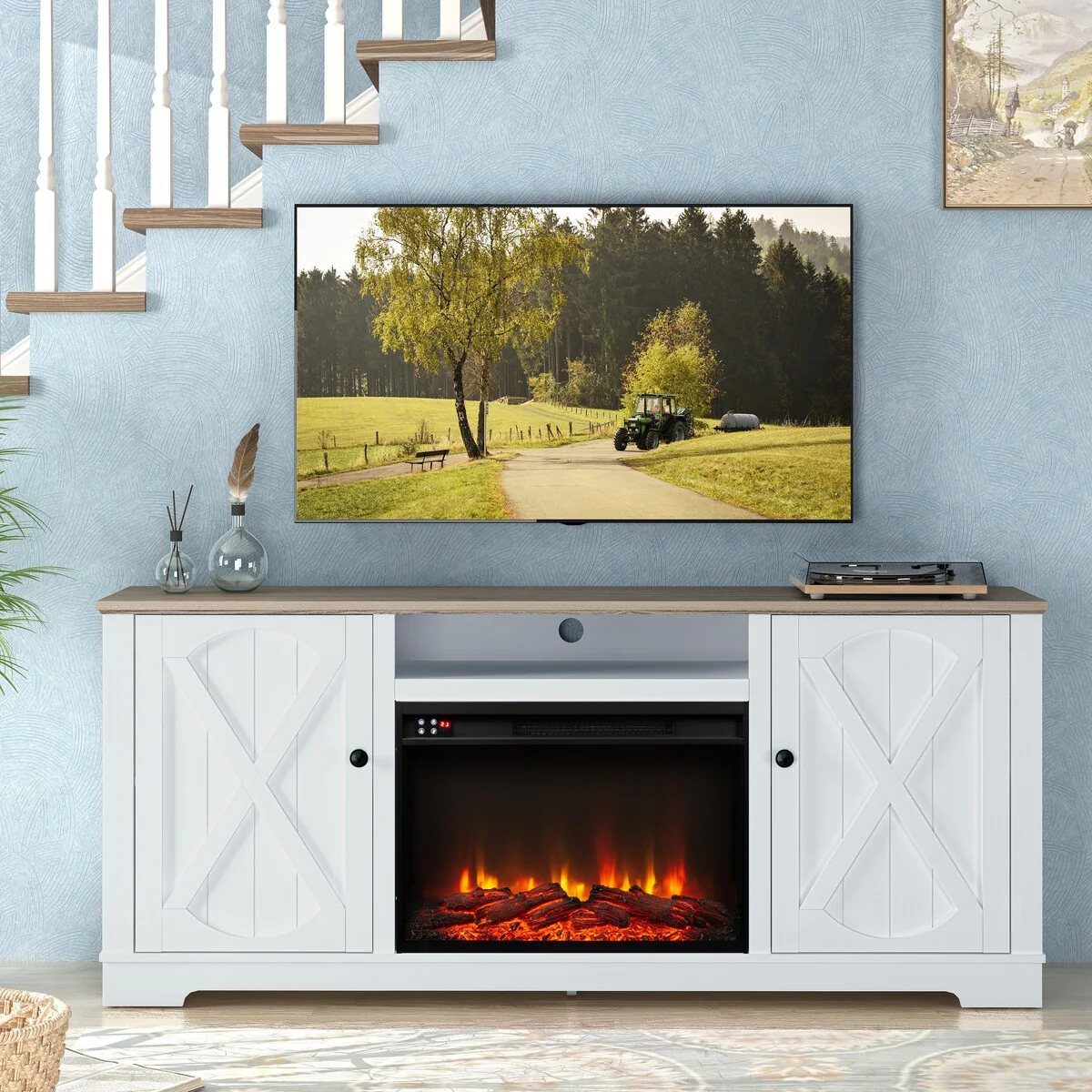70 Farmhouse TV Stand with Fireplace, Fits up to 75 TV - 70W x 30H x 14.5D