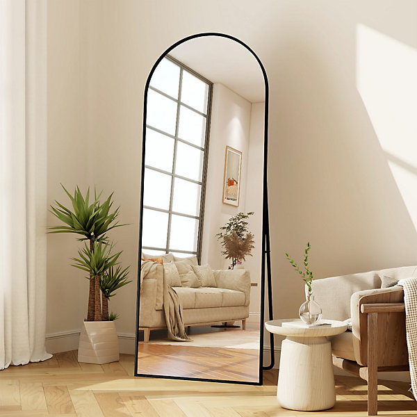 Miroir sur pied, arqué, 177x77 cm, cadre en aluminium, noir, convient aux dressings et aux chambres