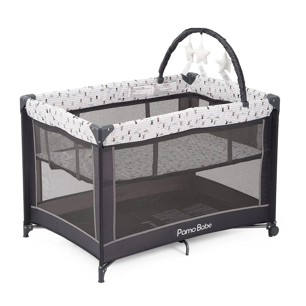 Portable Playard,Sturdy Play Yard with Padded Mat and Toy bar with Soft Toys (Grey)