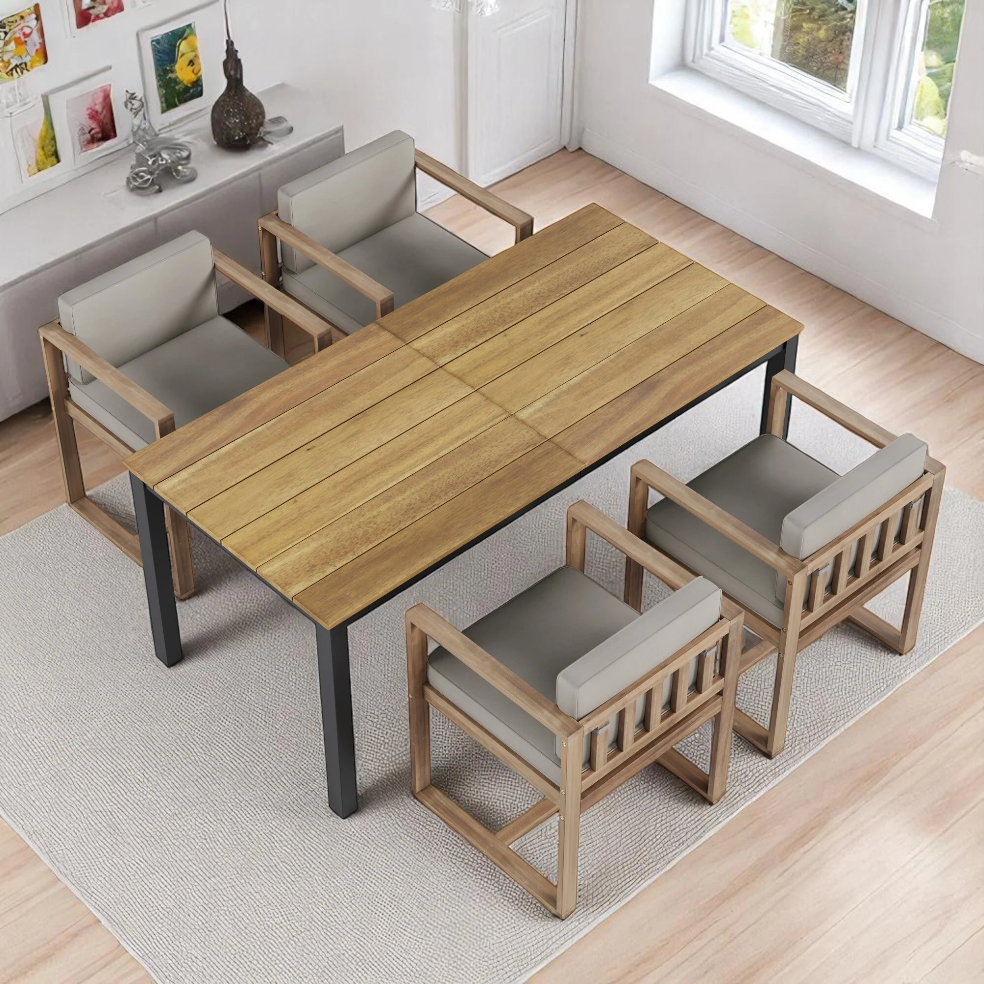5-Piece Dining Table Set, Solid Acacia Wood Table with Iron Legs and 4 Matching Dining Chairs for Kitchen or Dining Room