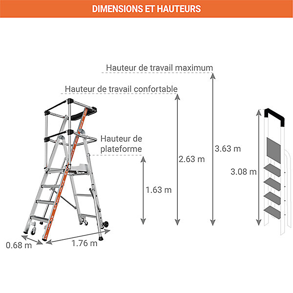Escabeau PIRL 7 marches - Hauteur max. de travail 3,63m - 2274117
