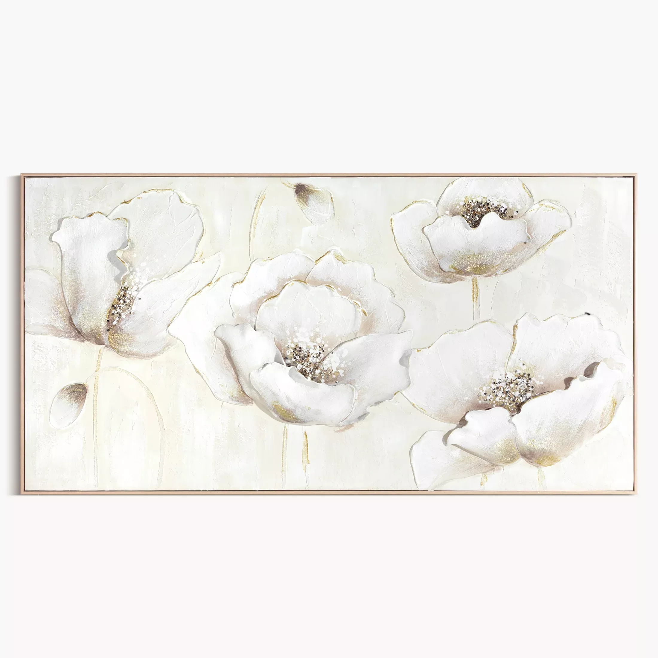 Obraz kremowo, złoty ręcznie malowany z kwiatowym motywem oprawiony w ramę 142x72 cm