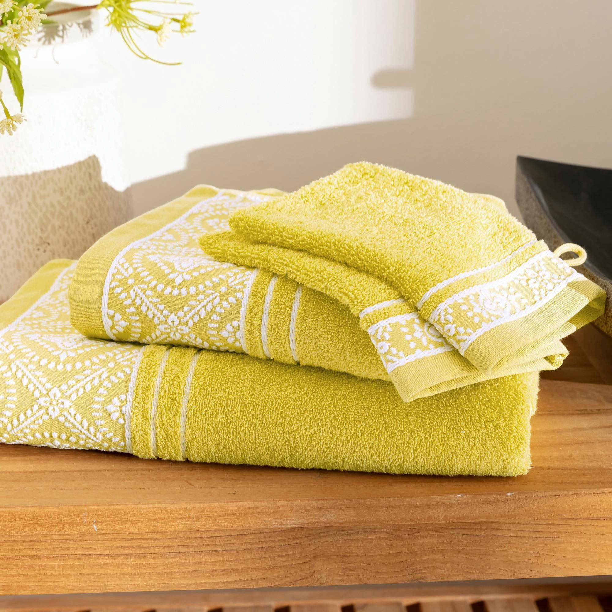 BYSANTINE - Lot de 2 gants de toilette 15x21 jaune en coton 450 g/m²