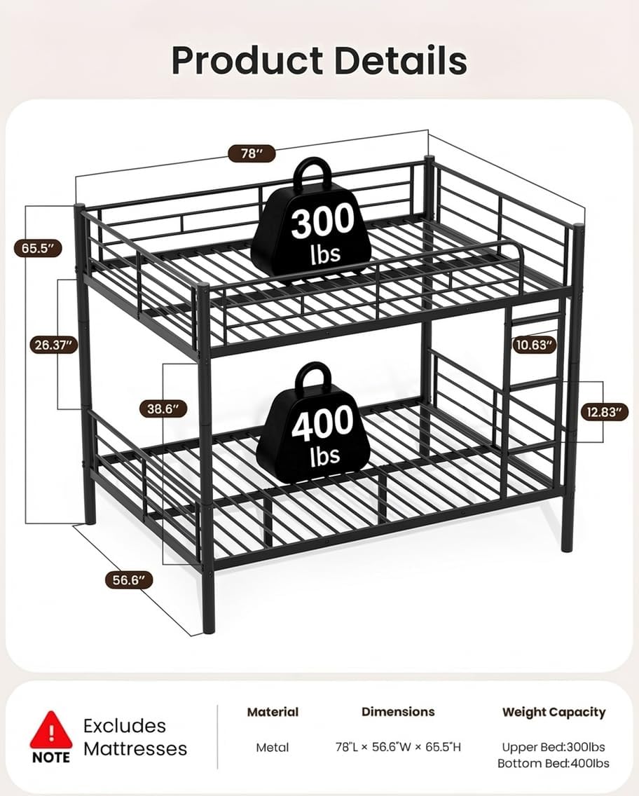 Full Over Full Bunk Bed, Convertible into 2 Full Beds, Heavy-Duty Metal Bed Frame with Safety Full-Length Guardrails & EVA Padded Ladder for Adults, Teens, Kids, No Box Spring Needed, Black