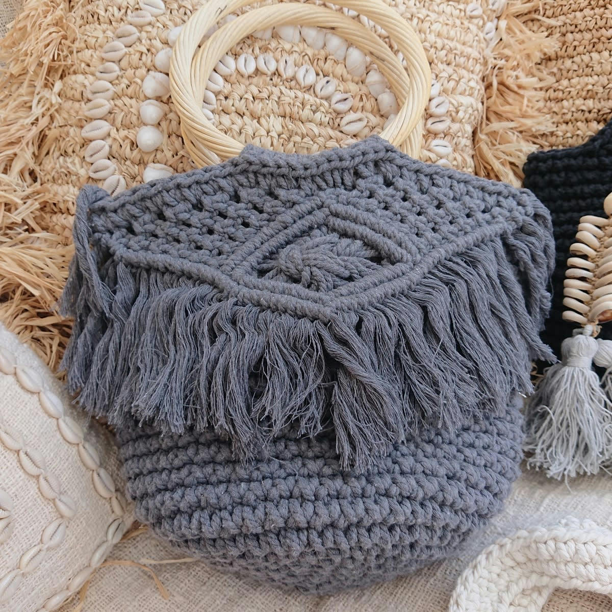 LUNA - Sac cabas en crochet avec anses en bambou, gris