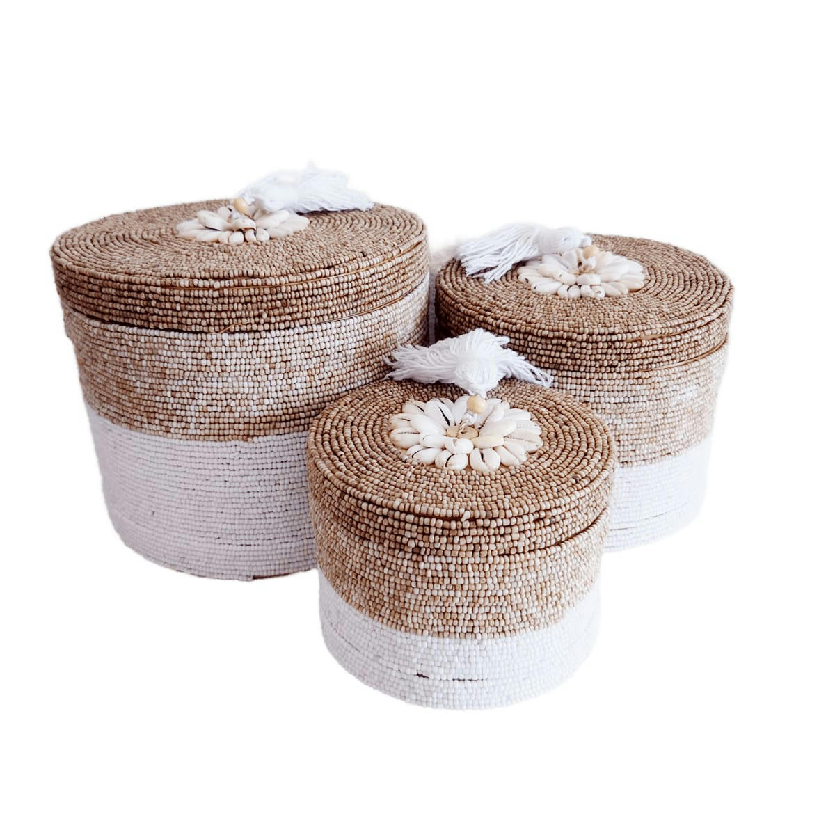 INDY - Boîtes en bambou et perles, blanc/beige - lot de 3