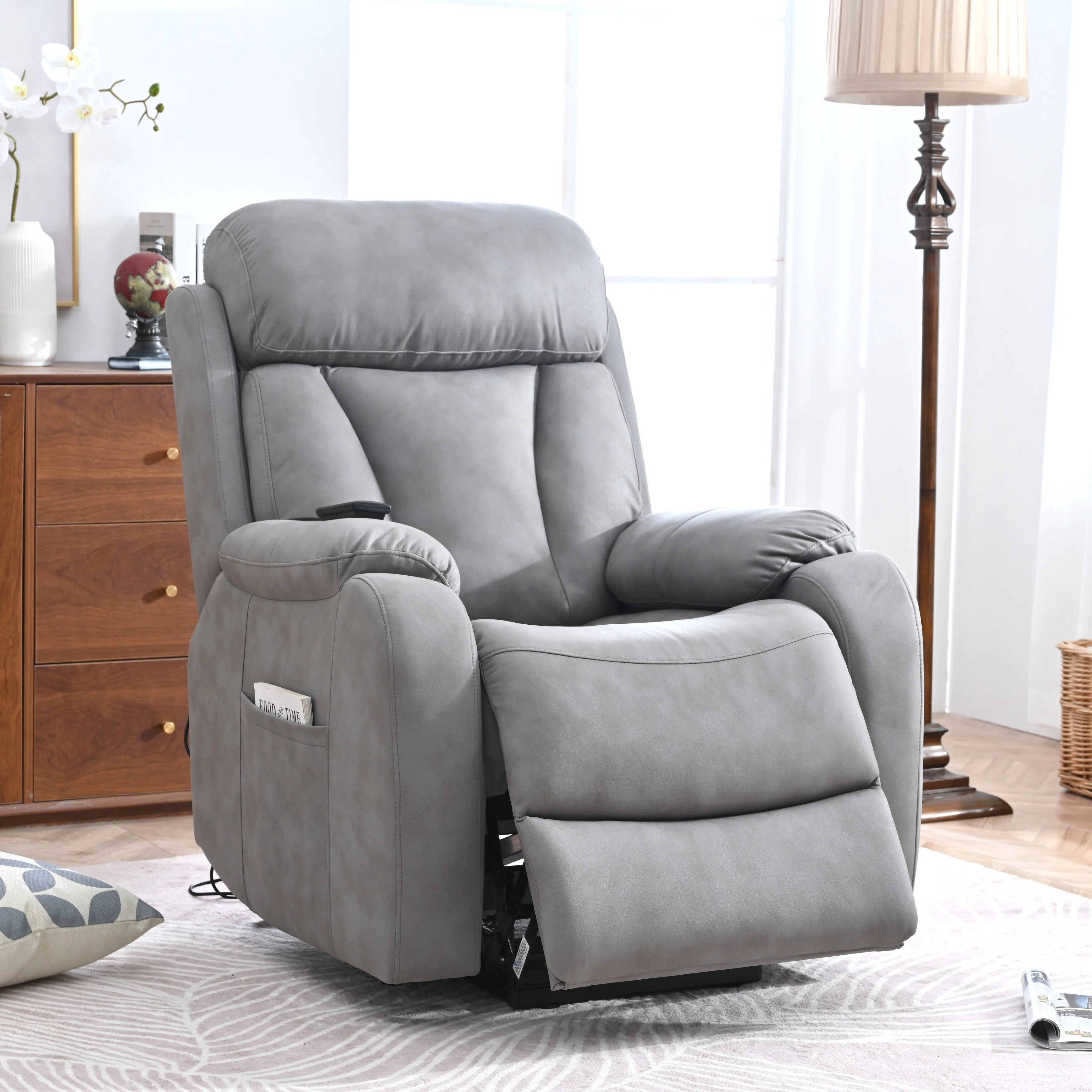 Grey Fabric Power Lift Recliner Chair for Elderly, with Remote Control, Overstuffed Cushion, Side Pocket, and Heavy-Duty Frame