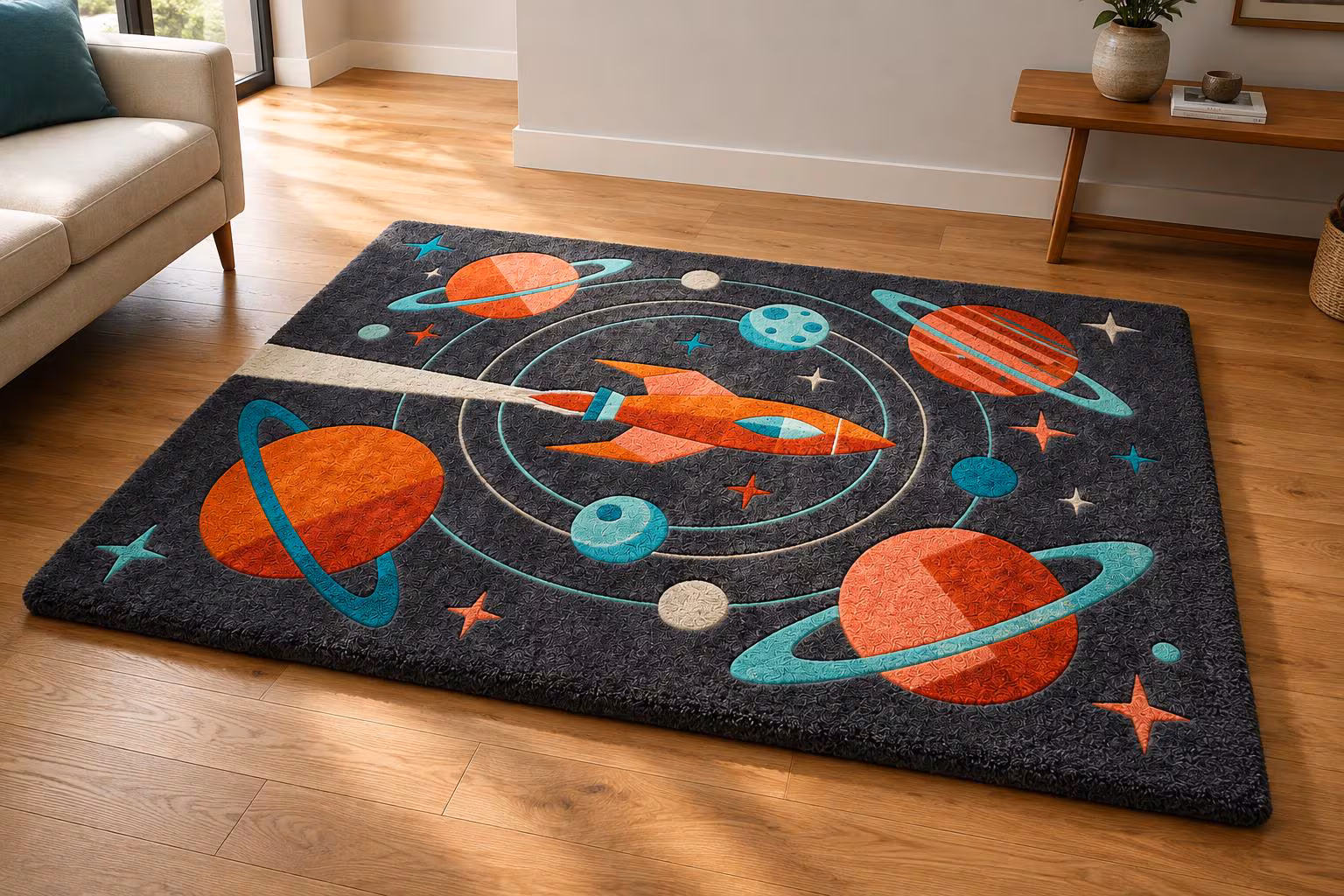 Space Rocket Area Rug, Solar System Kids Rug, Outer Space Bedroom Decor, Planet Nursery Rug, Galaxy Playroom Carpet, Modern Astronaut Gift