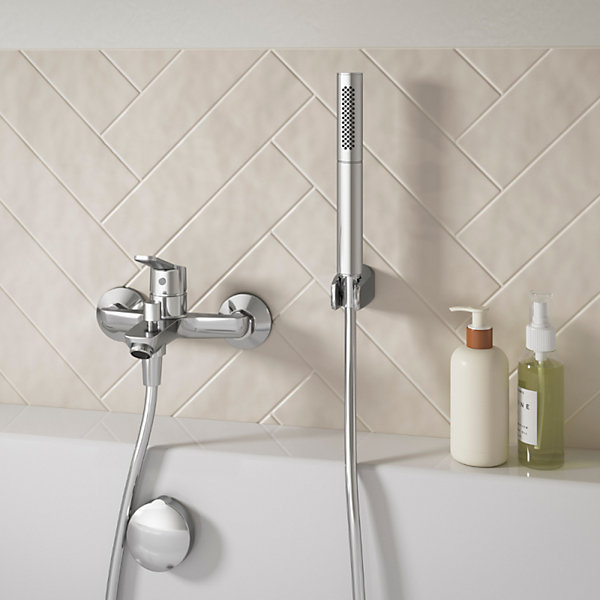 Mitigeur bain-douche Jacob Delafon Aimé chrome   Douchette Shift Ellipse 2 jets   Flexible lisse anti-torsion 1600