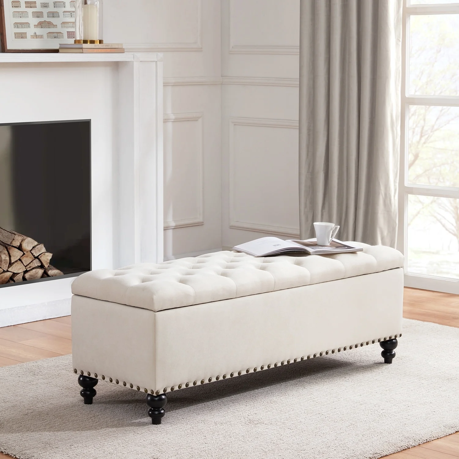Button-Tufted Storage Bench for Bedroom 50.3W x 17.5D x 18H Bottom rivets design