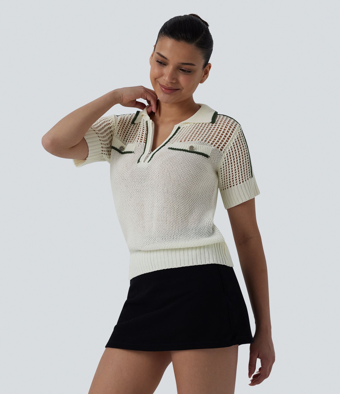 Pull casual manches courtes demi-zip découpes color block