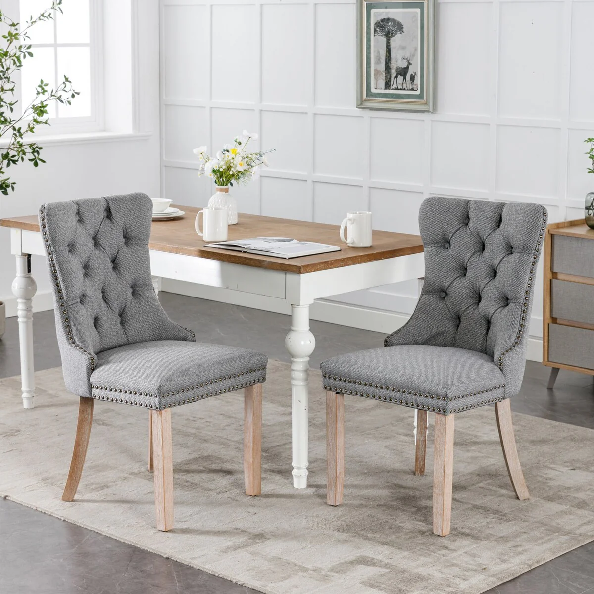 High-end Tufted Solid Wood Contemporary PU and Velvet Upholstered Dining Chair with Wood Legs Nailhead Trim ,2-Pcs Set
