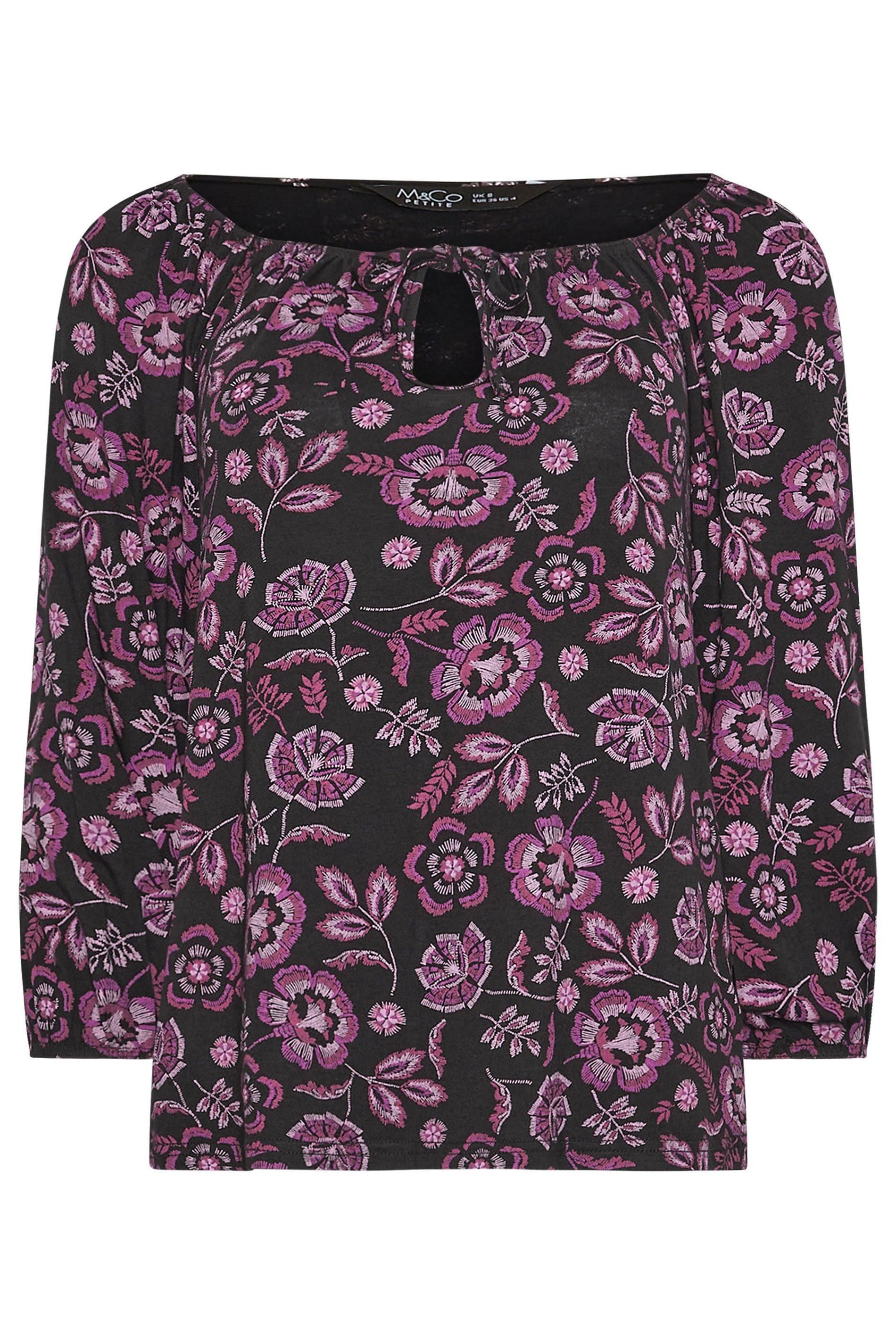 M&Co Petite Floral Print Tie Neck Top