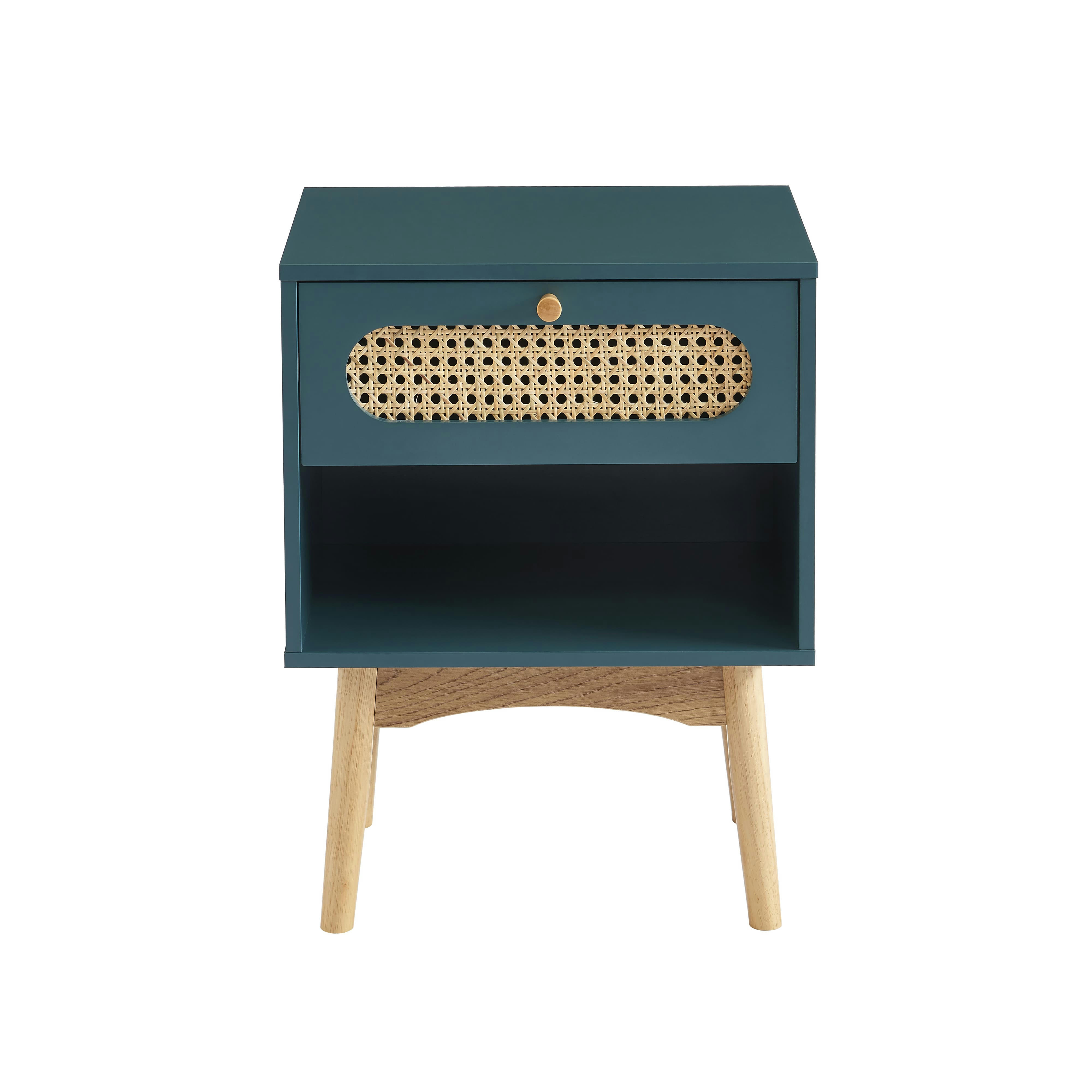 SIXTINE - Table de chevet  bleu canard et cannage rotin