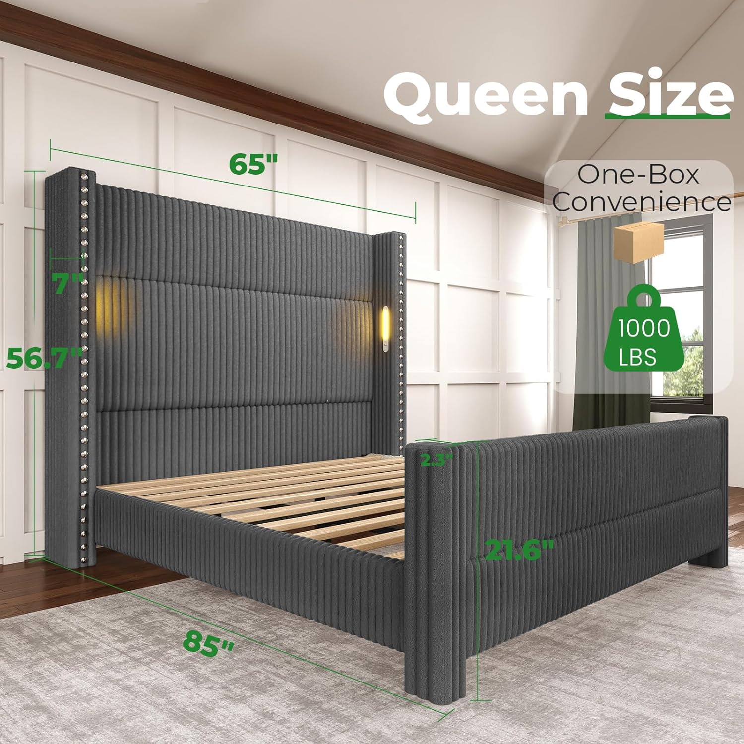 Queen Bed Frame with 56.7 Tall Headboard & Reading Lights, Corduroy Upholstered Wingback Platform Bed with Charging Station, Modern Retro Design, Noise Free, No Box Spring Required, Grey