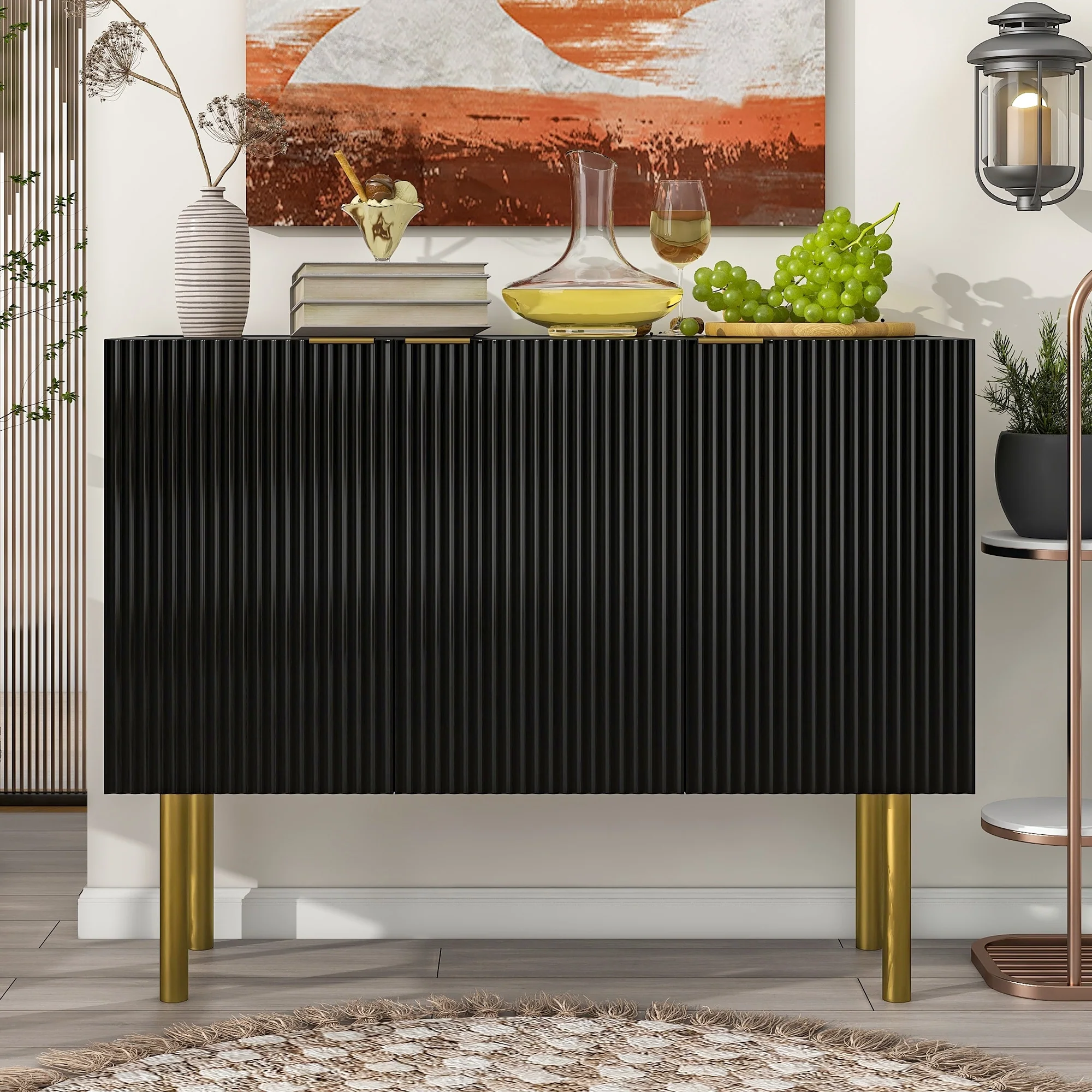 Simple & Luxury Style Sideboard Particle Board & MDF Board Cabinet with Gold Metal Legs & Handles, Adjustable Shelves