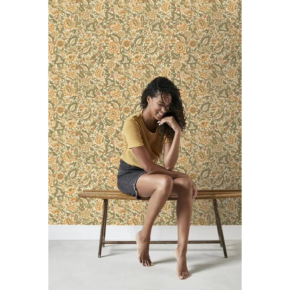 ESTAhome behang vintage bloemen geel en groen - 50 x 900 cm