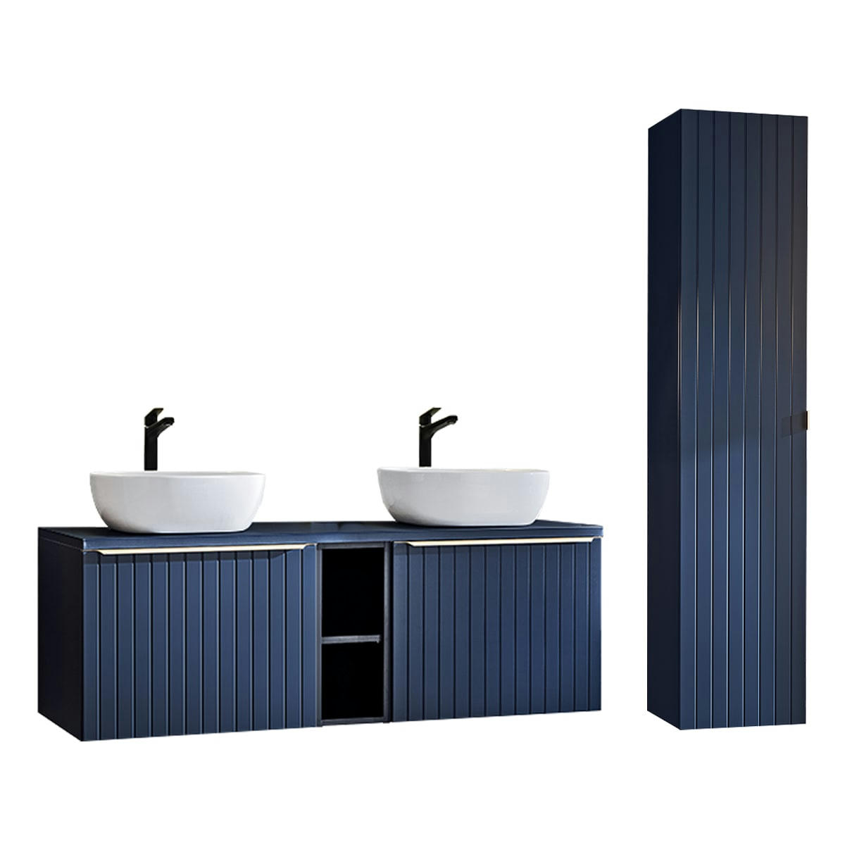 - Ensemble meuble double vasque 140cm et colonne stratifiés bleu