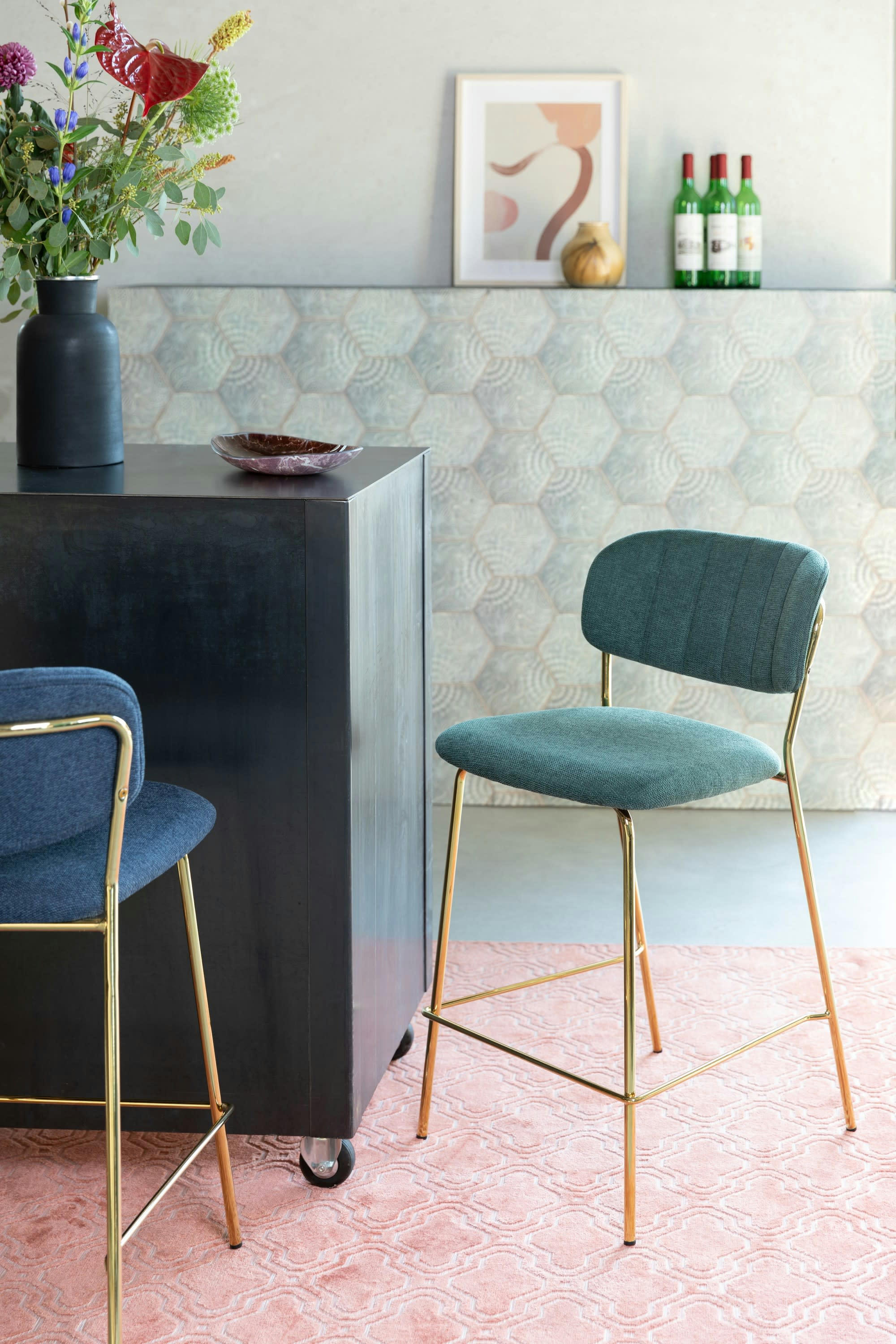 JOLIEN - Chaise de bar en tissu vert foncé