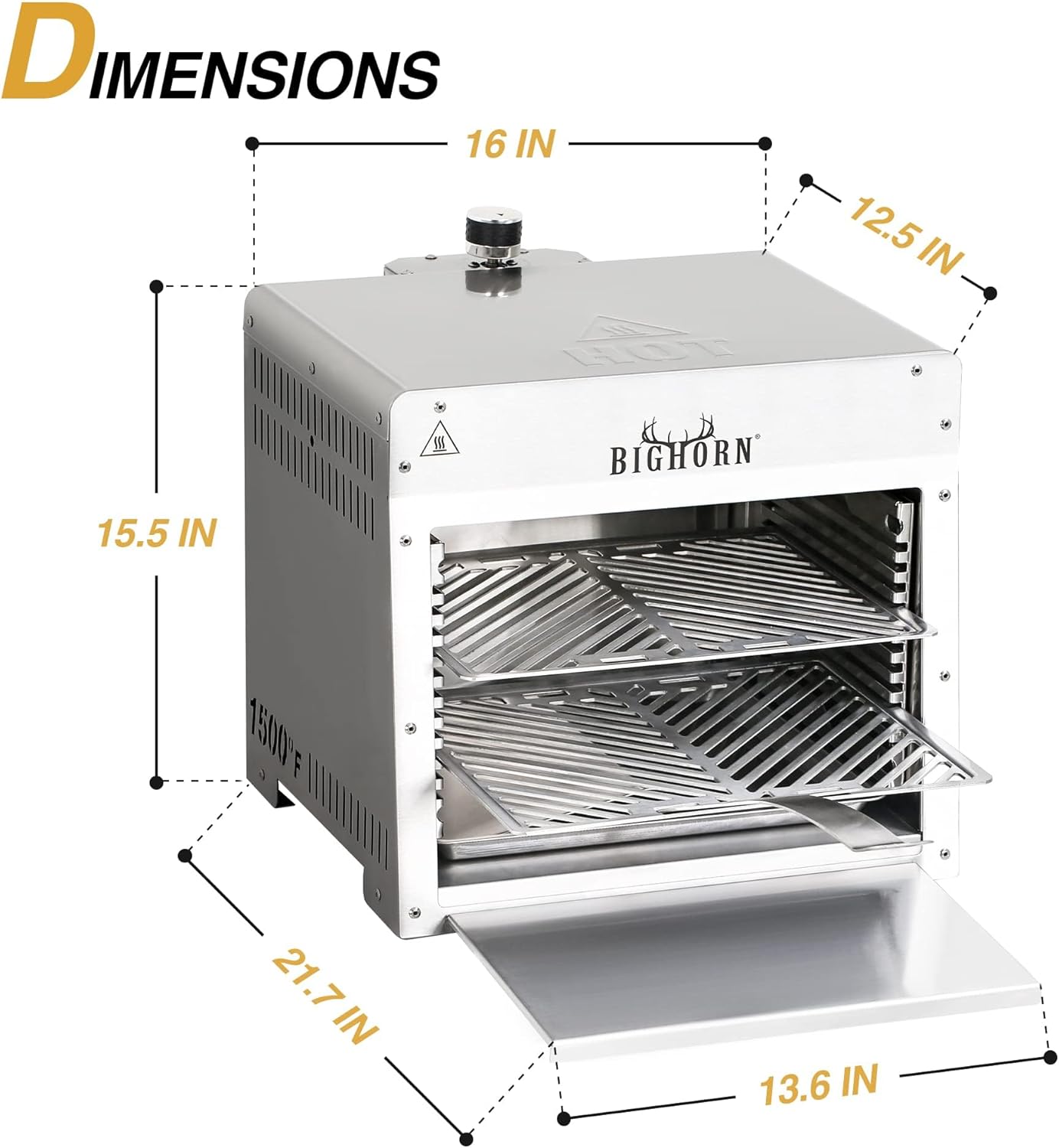 BIG HORN OUTDOORS 1500°F Small Infrared Propane Gas Grill – Portable Steak Broiler & Sear Station  Outdoor Salamander BBQ with Pizza Stone  Stainless Steel