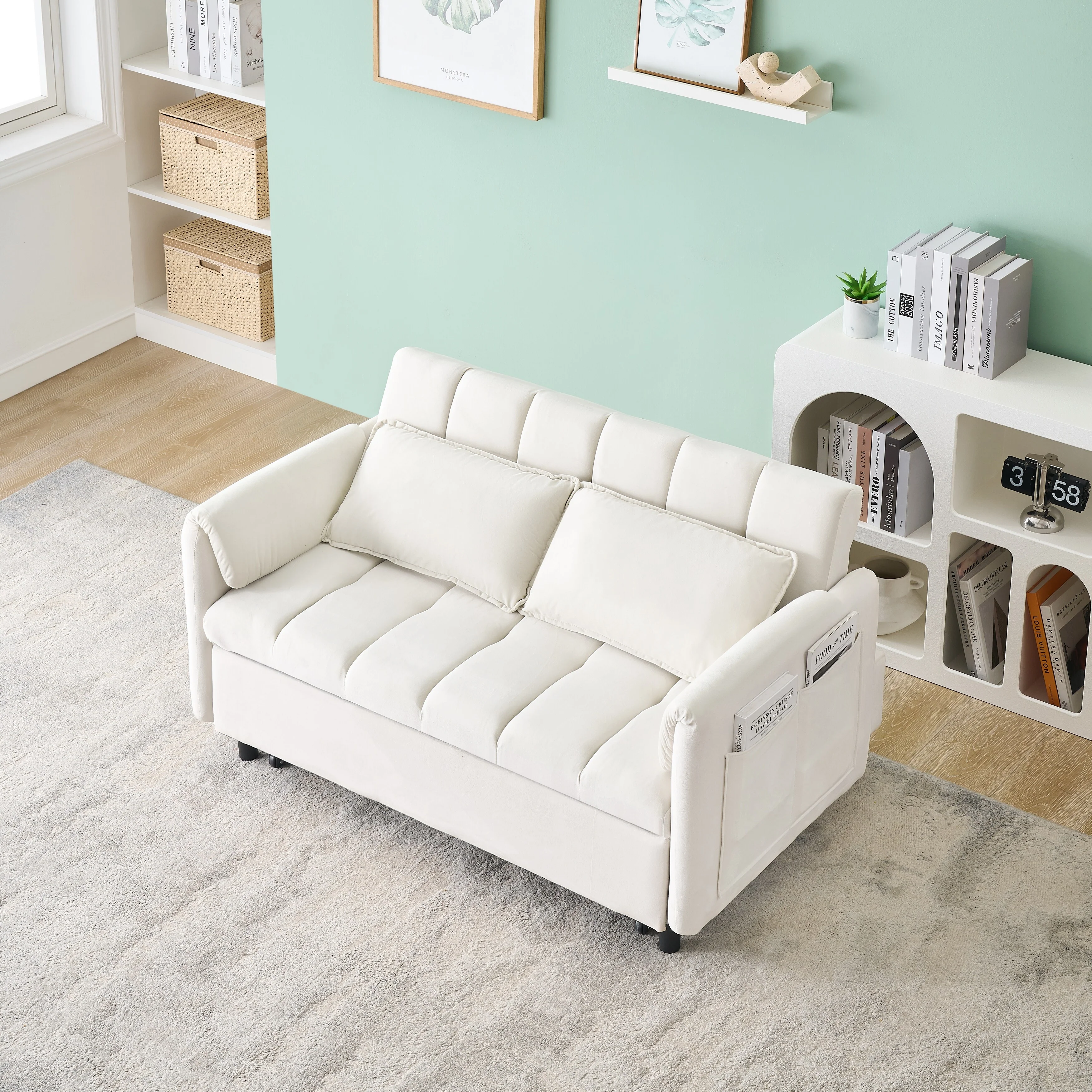 Modern Velvet Sofa, Sofa Pullout Bed, Small Love Seat Casual Sofa With Back, Pillow, Pockets, 3 In 1 Convertible Sleep Sofa Bed