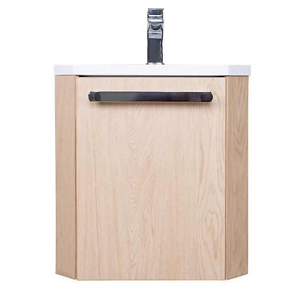 Meuble vasque d'angle compact suspendu effet chêne   plan vasque blanc en résine, Homesight Skino