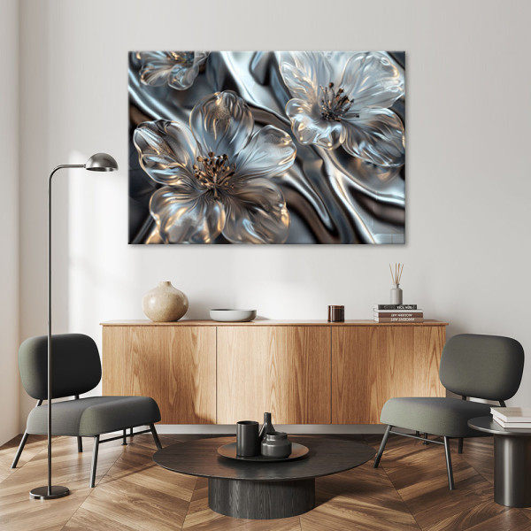Obraz na płótnie, Eleganckie srebrne szklane kwiaty 60x40