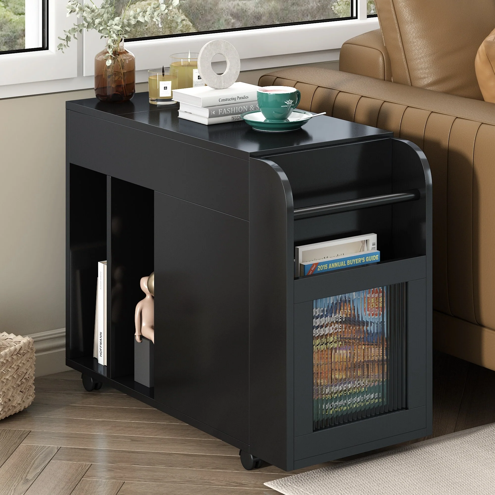 Multifunctional End Table with Wheels, Side Table with Tempered glass door, 2 Storage Shelves, 2 Drawers for Living Room