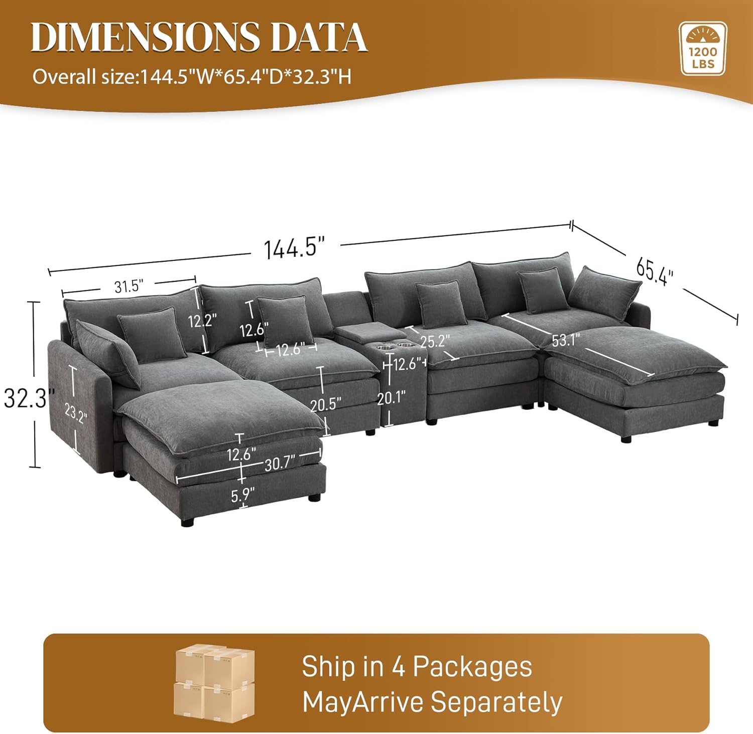 145 Cloud Couch Oversized U Shaped Grey Sectional Couches for Living Room, Big Soft Comfy Fluffy Chenille Couch Sectionals, Modular Sectional Sofa with Ottoman & Central Console