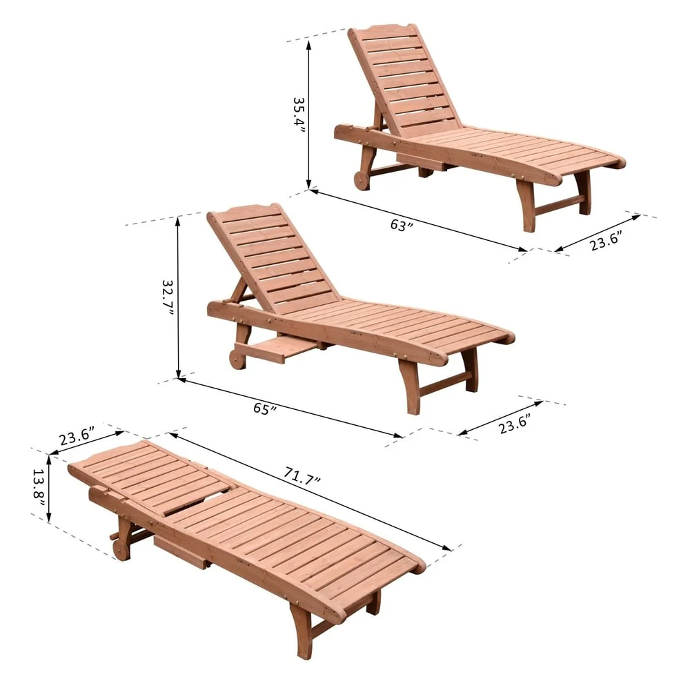 Outsunny Solid Wood Outdoor Chaise Lounge Chair with Pull-out Tray