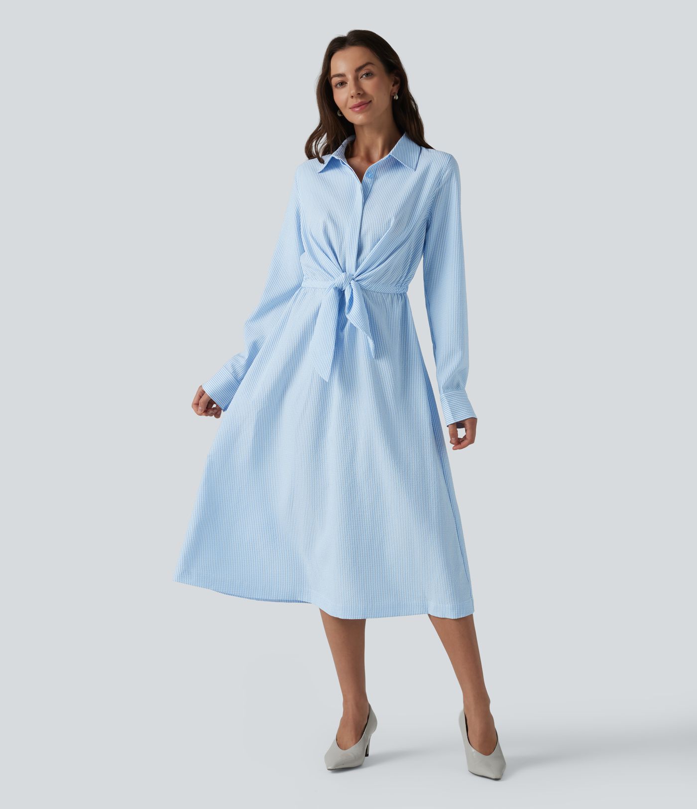 Robe chemise midi habillée à col, manches longues, lien à nouer devant et rayures