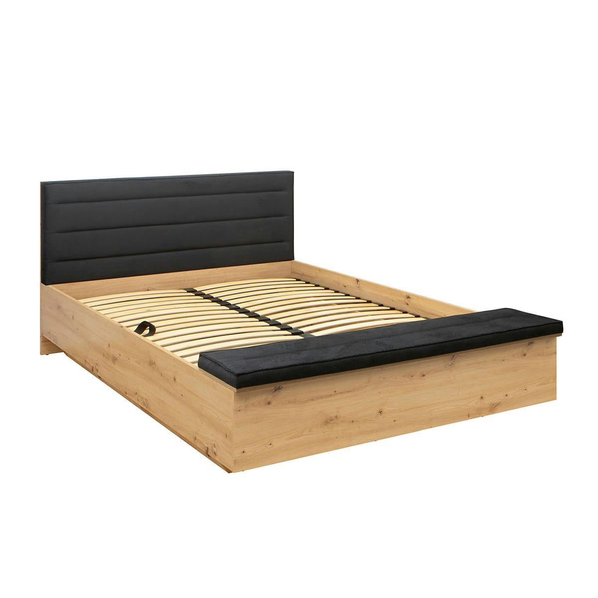 - Lit coffre 160x200 avec banc et sommier inclus naturel et noir