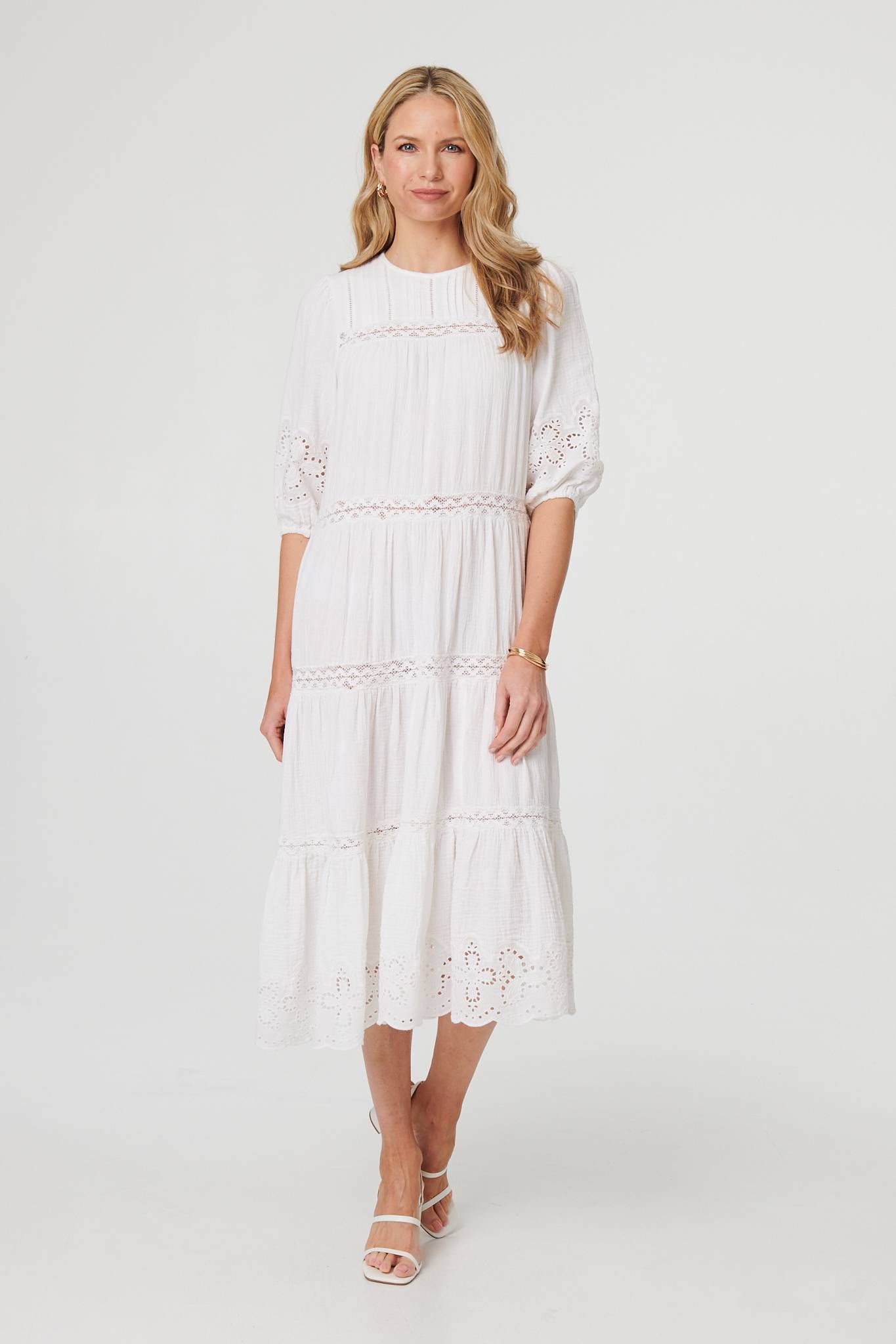 Izabel London Broderie Anglaise Trim Tiered Midi Dress