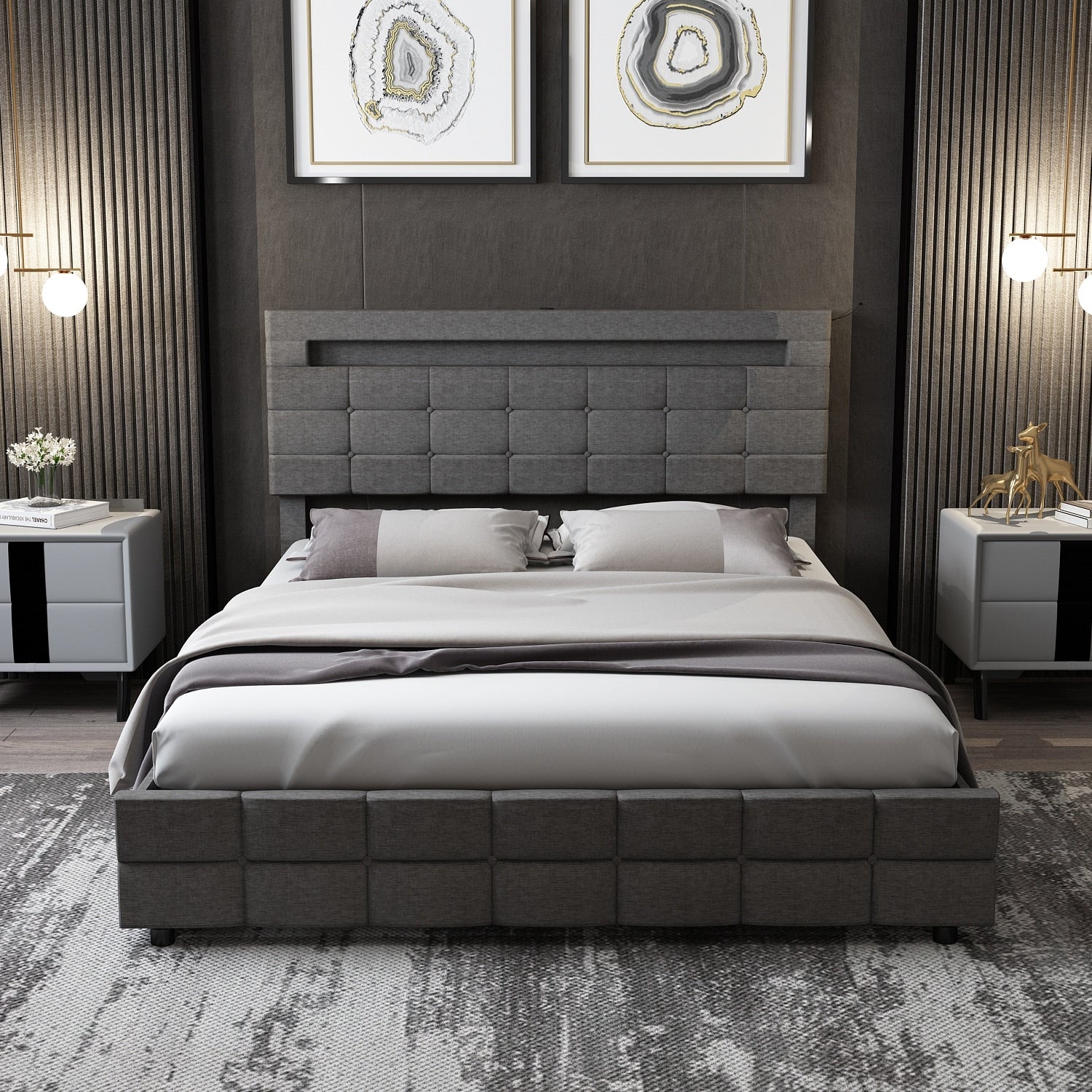 Queen Bed Frame with Storage Drawers Adjustable Headboard Lights LED