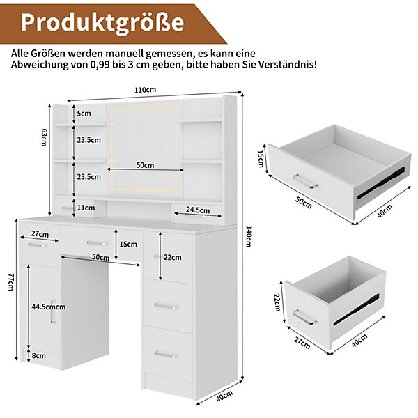 Coiffeuse en MDF avec Miroir 3 Couleurs, LED Tactile, 2 Tiroirs, Prises EU   USB, Support Sèche-Cheveux, Blanc
