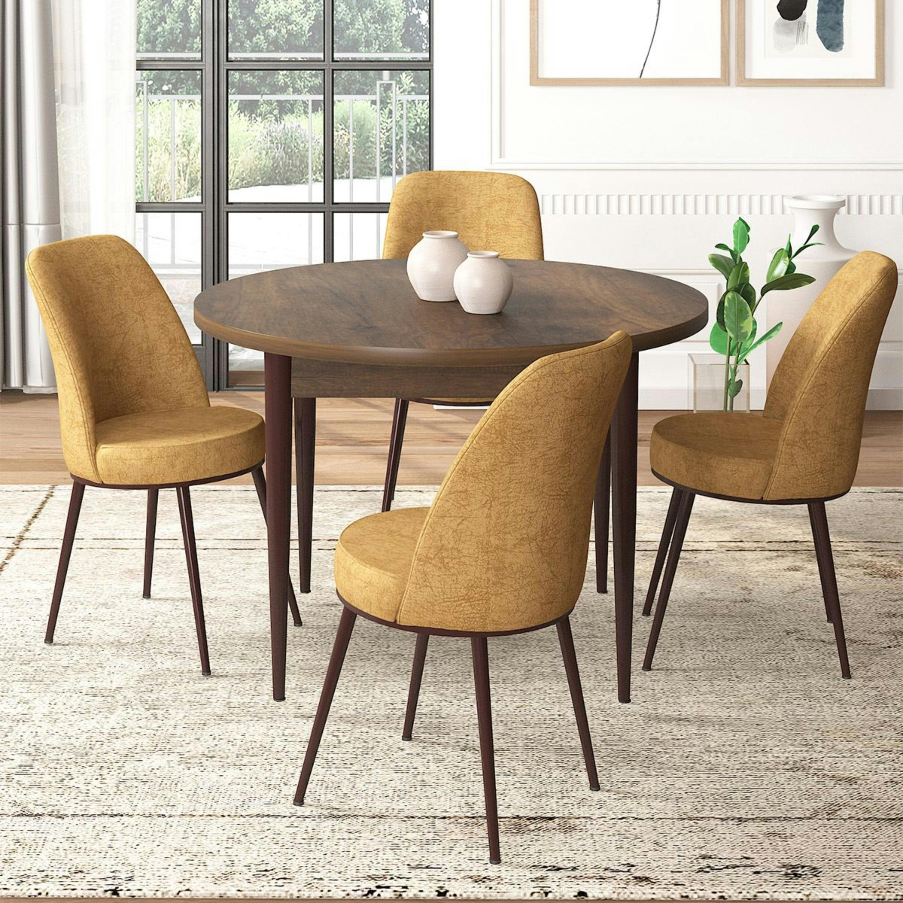 Ensemble table ronde Ø90 cm   4 chaises moutarde à motifs AROLA