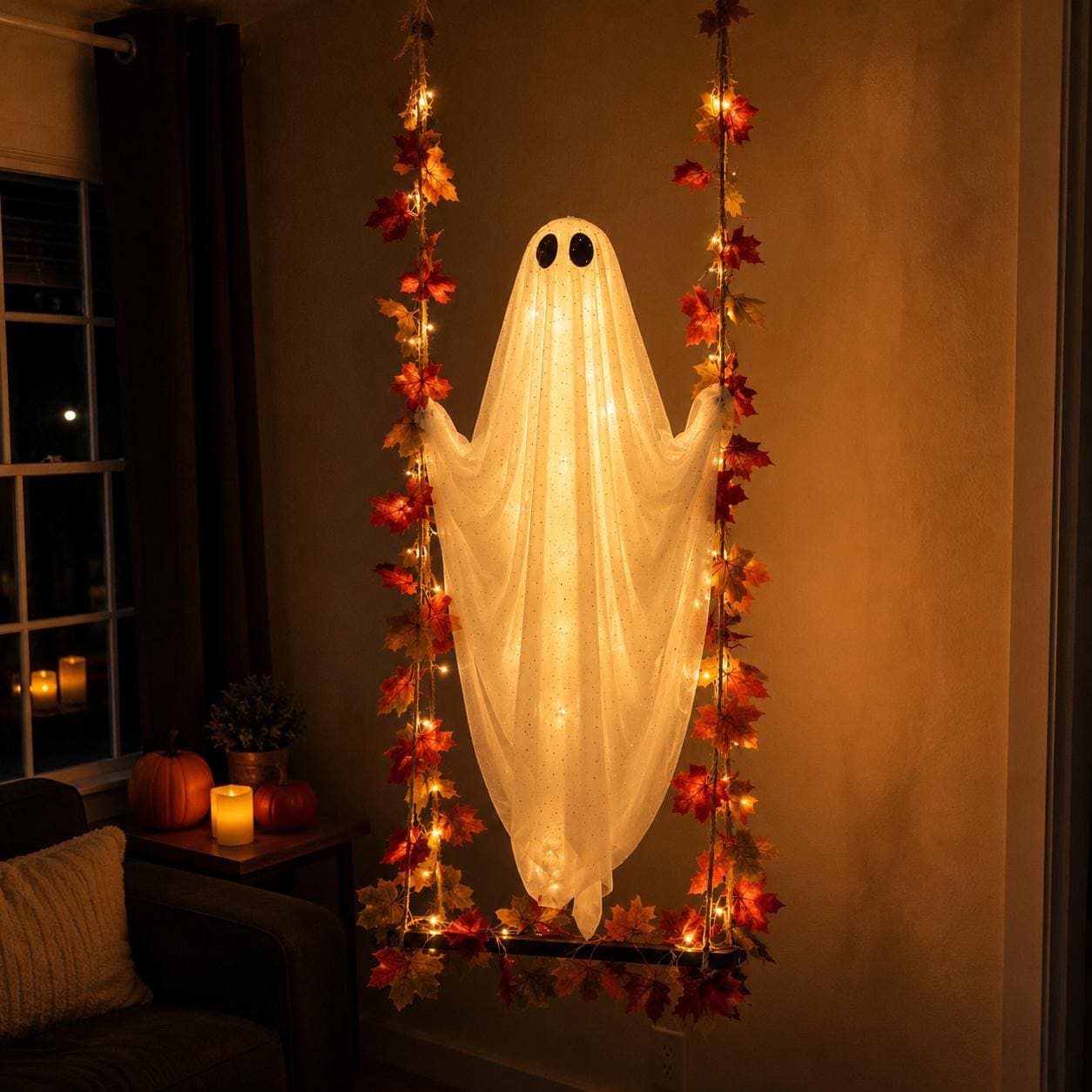Halloween Ghost Swing Decor, Lighted Hanging Porch Decoration for Halloween Lovers, 3 Sizes