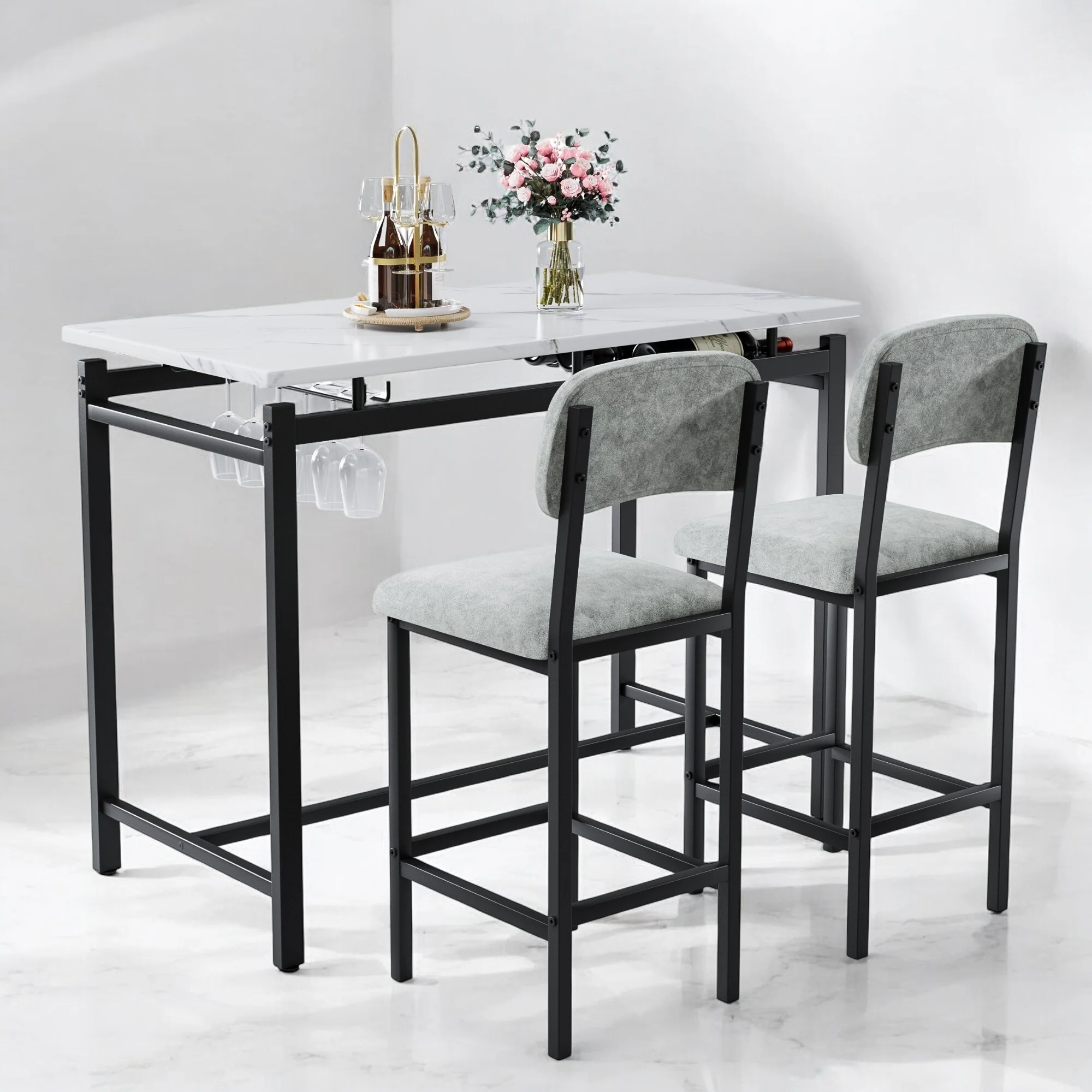 3-Piece Kitchen Bar Table Set, Dining Table with 2 Upholstered Chairs, Compact Design for Small Spaces, Breakfast Table